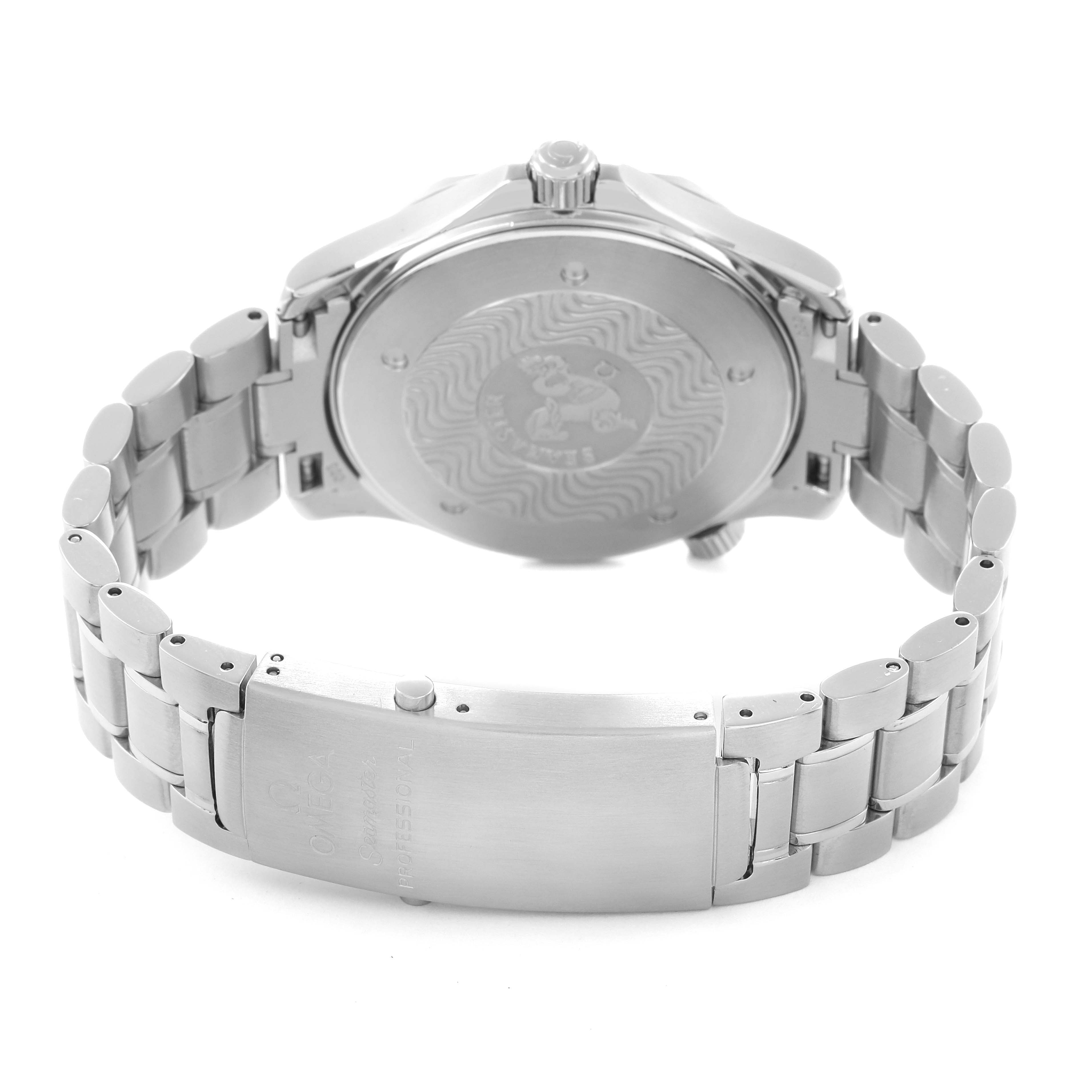 The image shows the back and clasp of an Omega Seamaster 2264.50.00 Men
s Stainless Steel Black Dial 2264.50.00 Men
s Stainless Steel Black Dial watch, highlighting the case back design and bracelet.