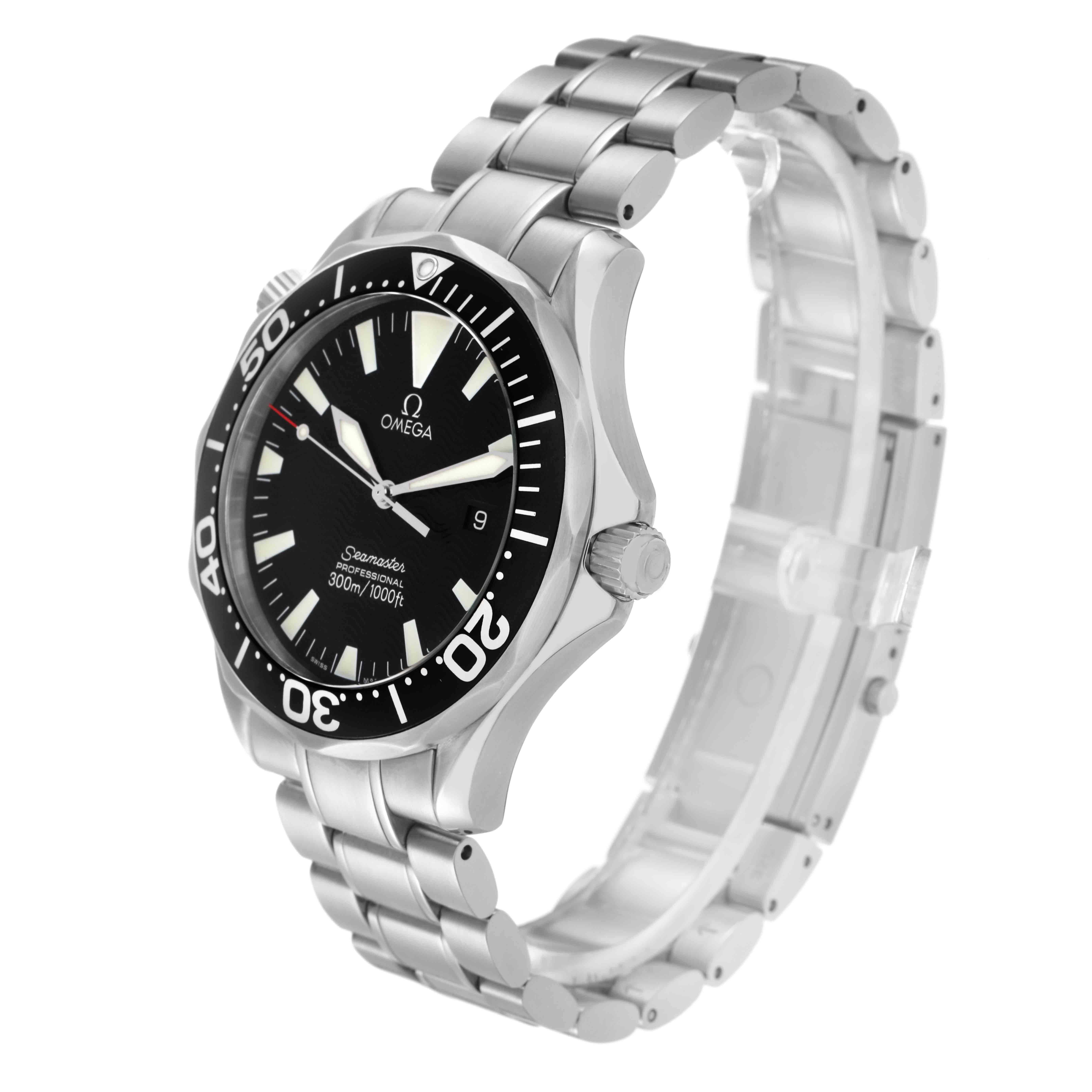 The Omega Seamaster 2264.50.00 Men
s Stainless Steel Black Dial 2264.50.00 Men
s Stainless Steel Black Dial watch is shown at a three-quarter angle, highlighting the bracelet, bezel, and face.