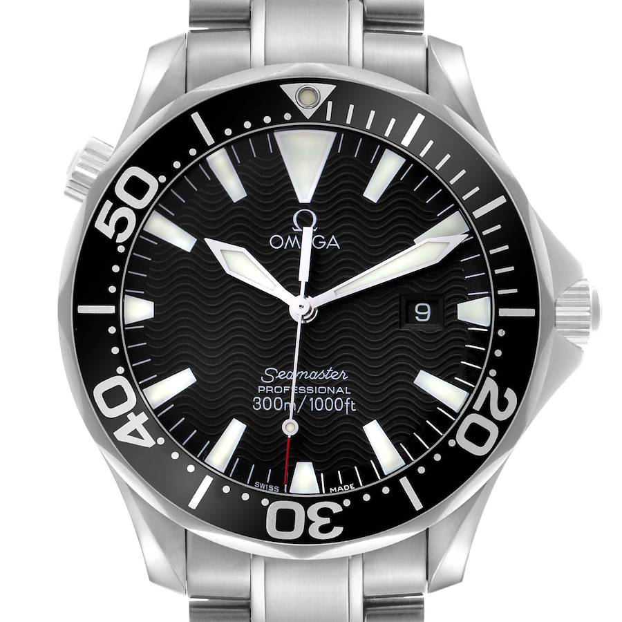 The Omega Seamaster watch is shown from a frontal angle, displaying its black dial, bezel, and metal bracelet.