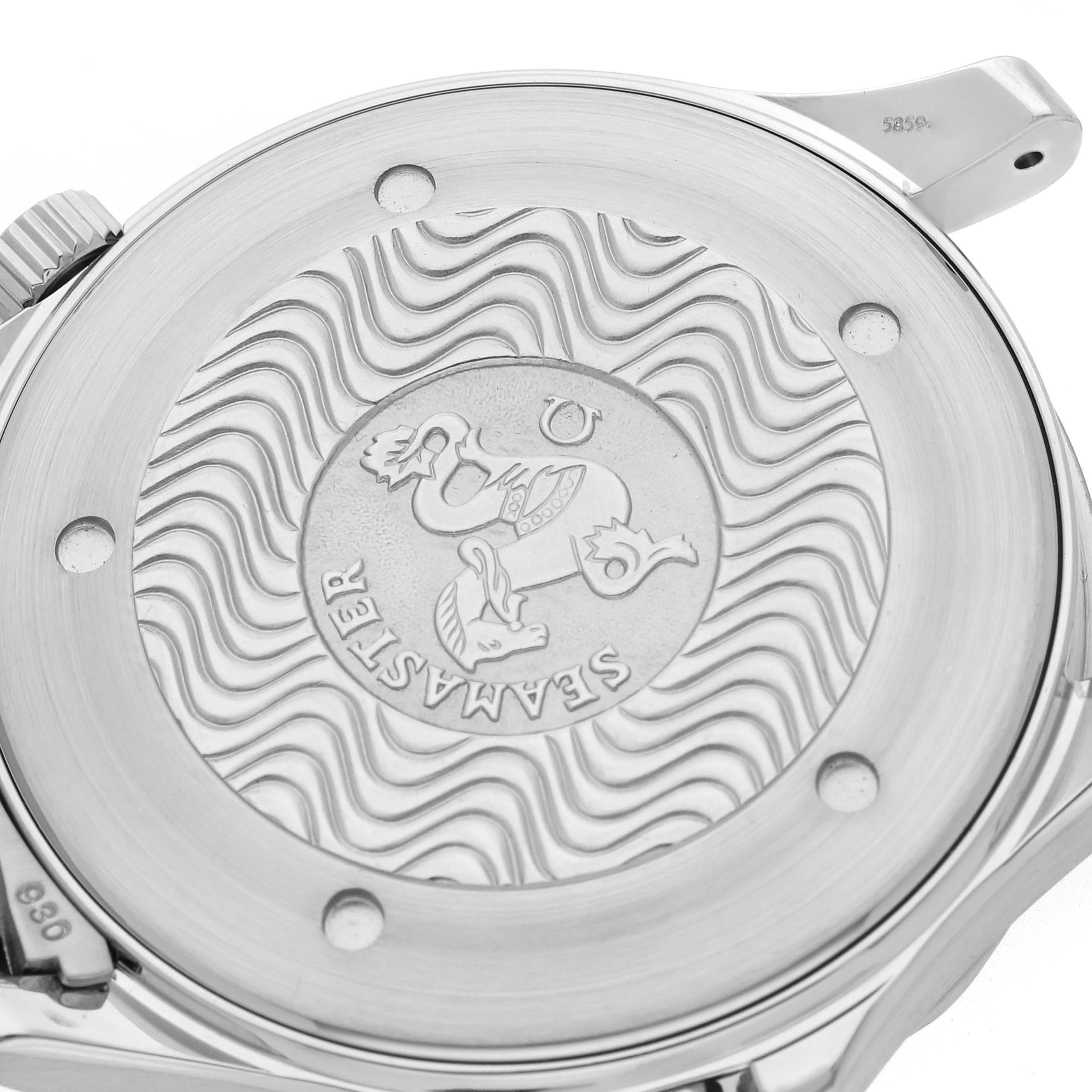 The image shows the back of an Omega Seamaster 2264.50.00 Men
s Stainless Steel Black Dial 2264.50.00 Men
s Stainless Steel Black Dial watch, featuring its engraved case back and wave pattern design.