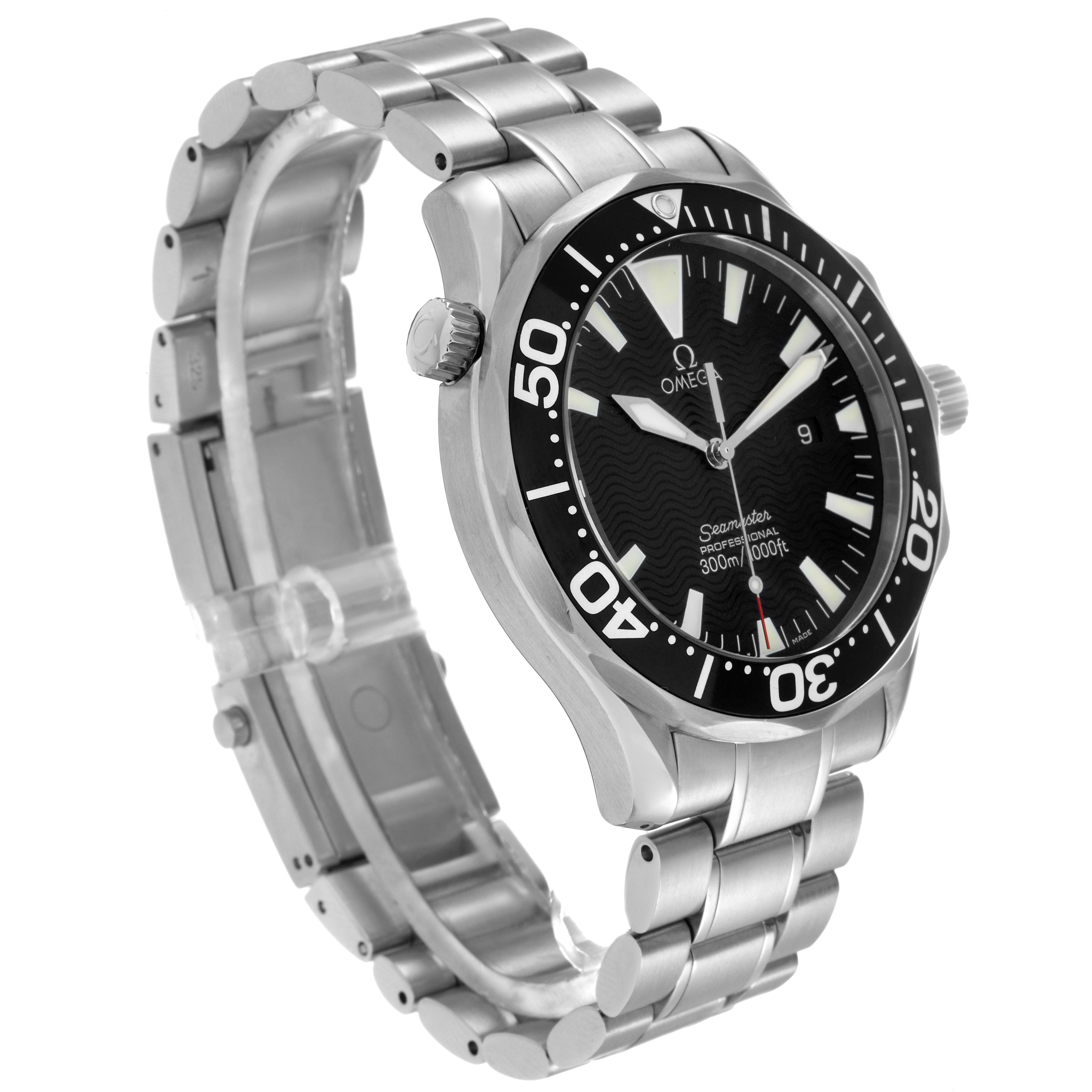 The Omega Seamaster 2264.50.00 Men
s Stainless Steel Black Dial 2264.50.00 Men
s Stainless Steel Black Dial watch is shown from a front-left angle, displaying the dial, bezel, case, and bracelet.