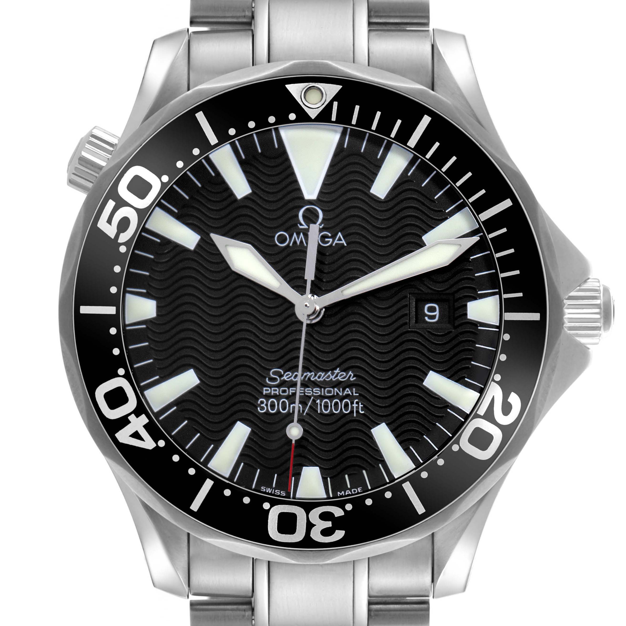 The image shows a front view of the Omega Seamaster 2264.50.00 Men
s Stainless Steel Black Dial 2264.50.00 Men
s Stainless Steel Black Dial watch, highlighting the dial, hands, bezel, and stainless steel bracelet.