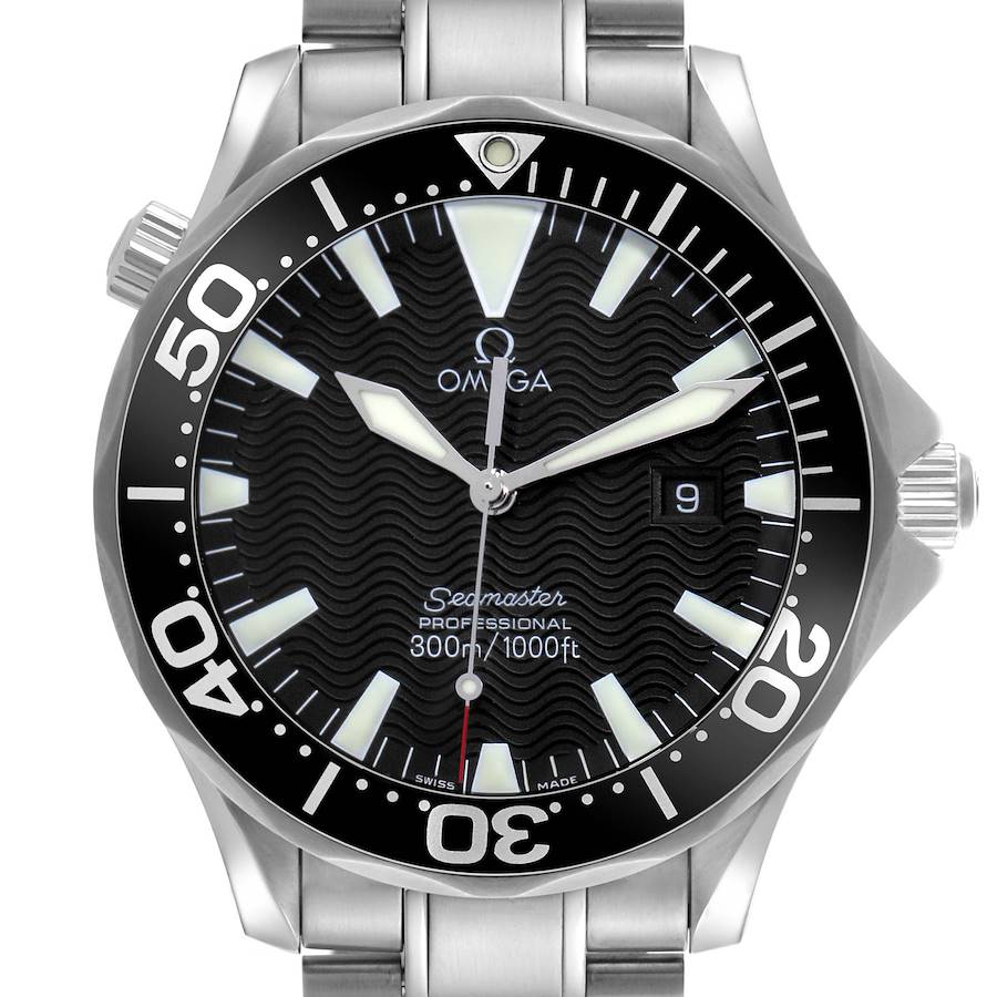 The image shows a front view of the Omega Seamaster watch, highlighting the dial, hands, bezel, and stainless steel bracelet.