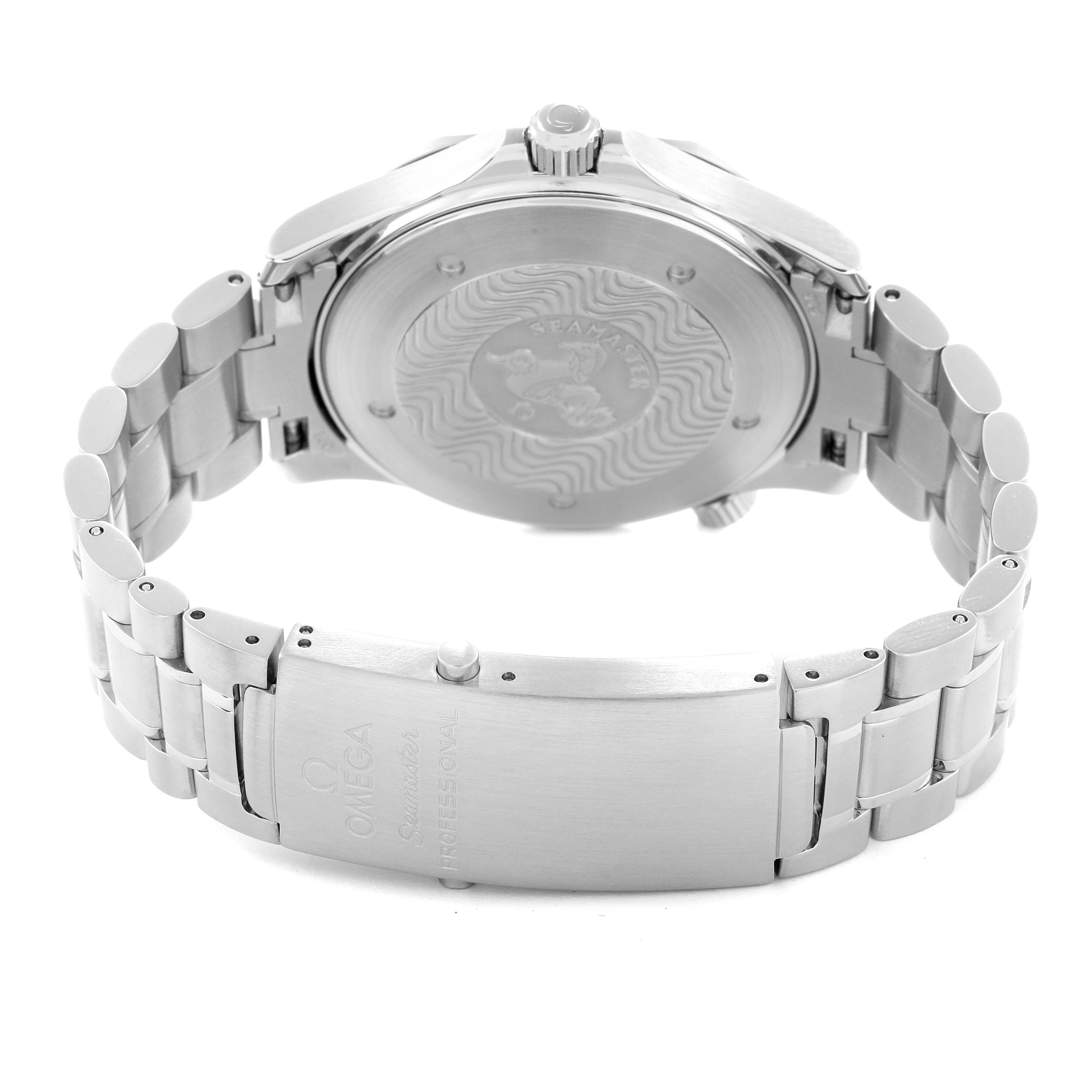 The image shows the back and clasp of an Omega Seamaster 2264.50.00 Men
s Stainless Steel Black Dial 2264.50.00 Men
s Stainless Steel Black Dial watch, highlighting the engraved case back and metal bracelet.