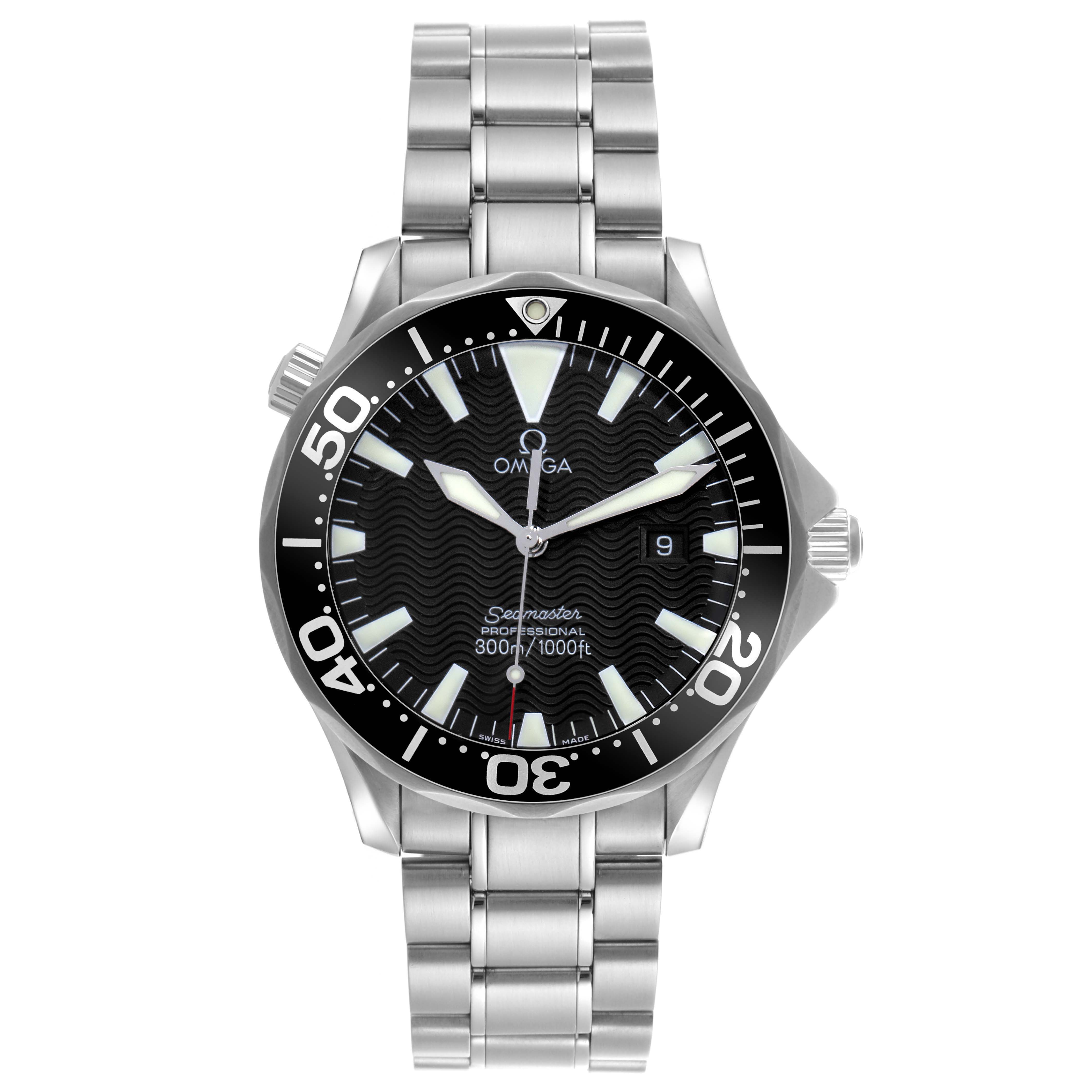 The Omega Seamaster 2264.50.00 Men
s Stainless Steel Black Dial 2264.50.00 Men
s Stainless Steel Black Dial watch is shown from a front angle, displaying the dial, bezel, hands, and bracelet.