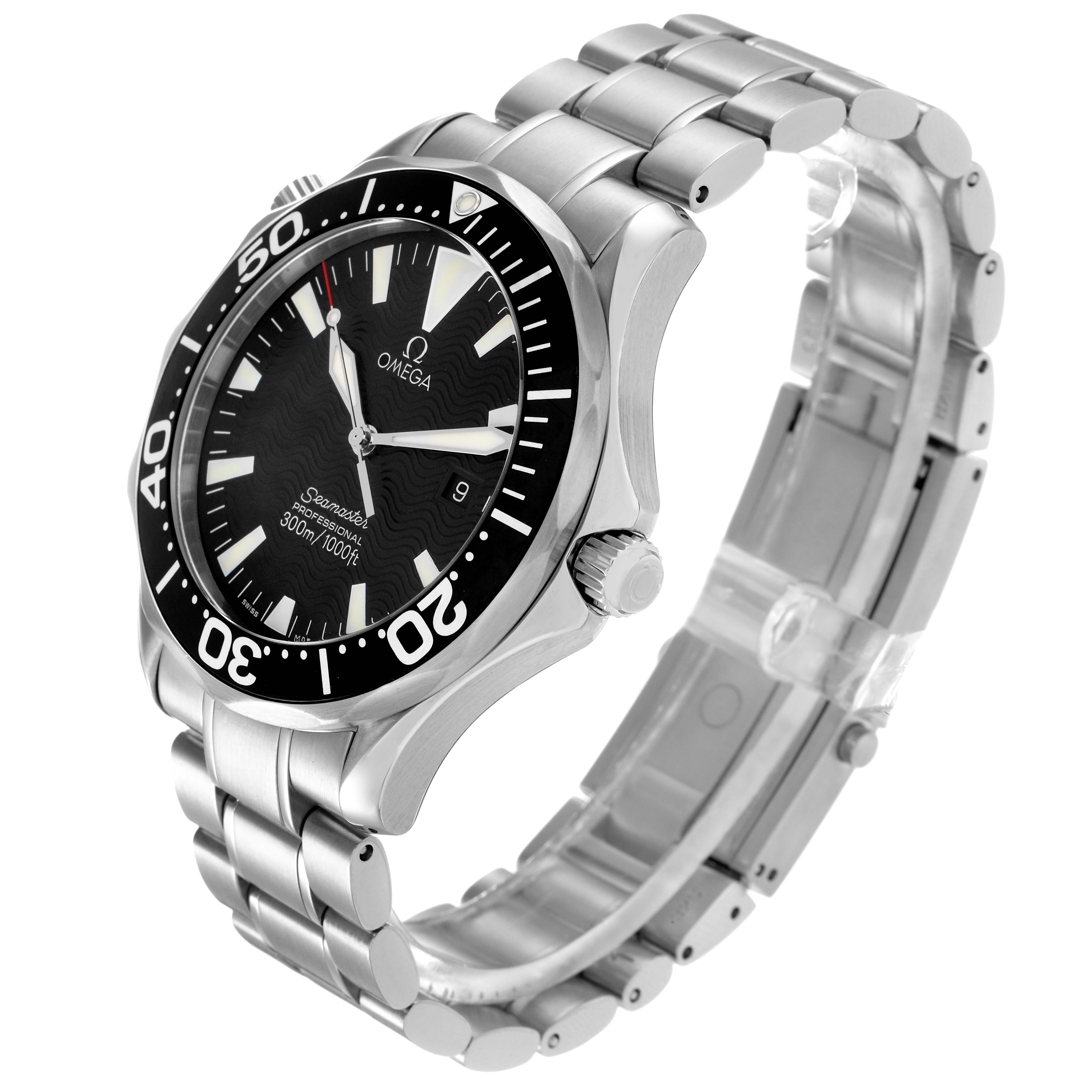 The Omega Seamaster 2264.50.00 Men
s Stainless Steel Black Dial 2264.50.00 Men
s Stainless Steel Black Dial watch is shown at a three-quarter angle, displaying the dial, bezel, crown, and metal bracelet.