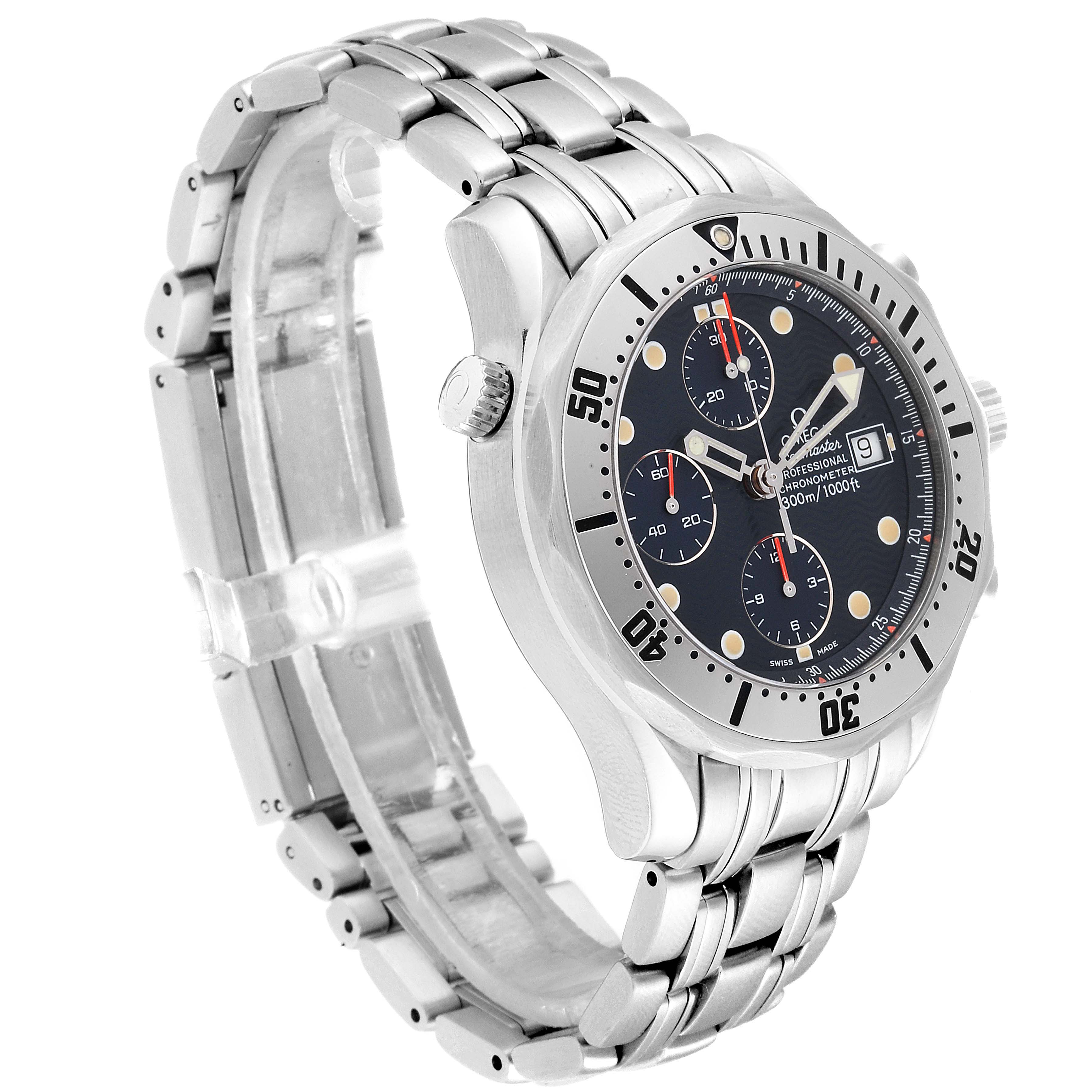 The Omega Seamaster 2598.80.00 Men
s Stainless Steel Blue Dial 2598.80.00 Men
s Stainless Steel Blue Dial watch is shown at an angle, featuring the face, bezel, crown, and bracelet.