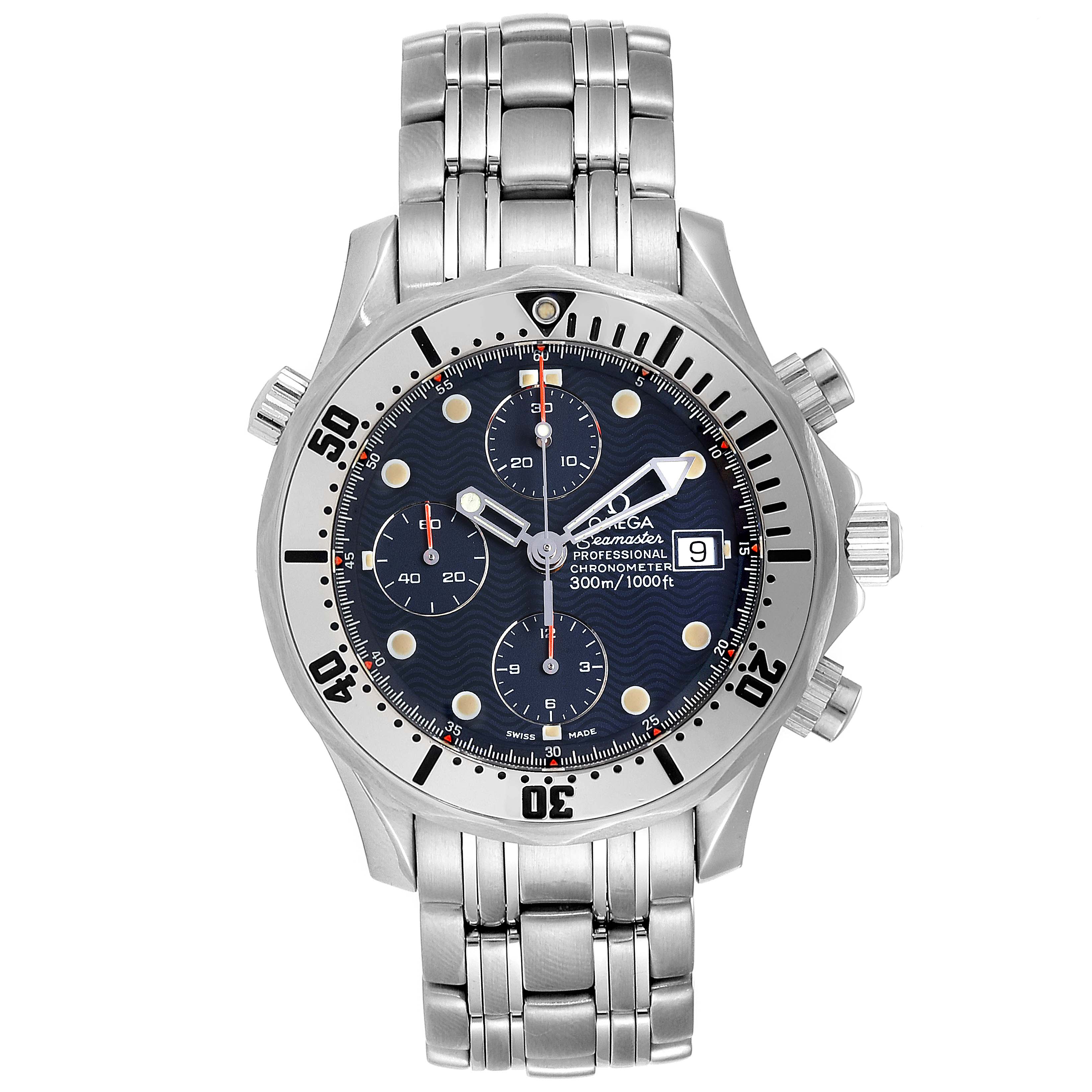 The image shows a frontal view of the Omega Seamaster 2598.80.00 Men
s Stainless Steel Blue Dial 2598.80.00 Men
s Stainless Steel Blue Dial watch, displaying its face, bezel, and stainless steel bracelet.