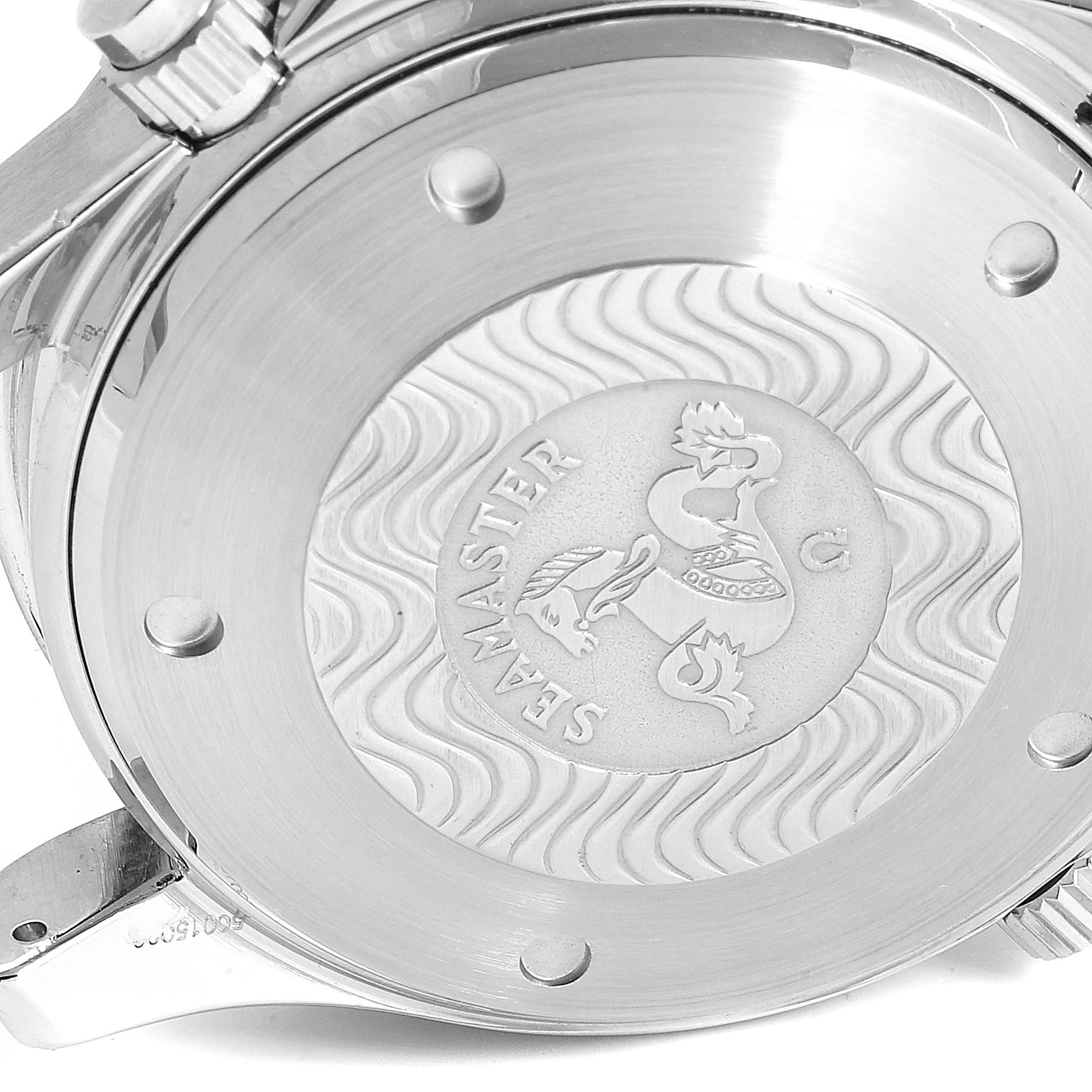 The image shows the case back of an Omega Seamaster 2598.80.00 Men
s Stainless Steel Blue Dial 2598.80.00 Men
s Stainless Steel Blue Dial watch, highlighting its engraved logo and detailing.