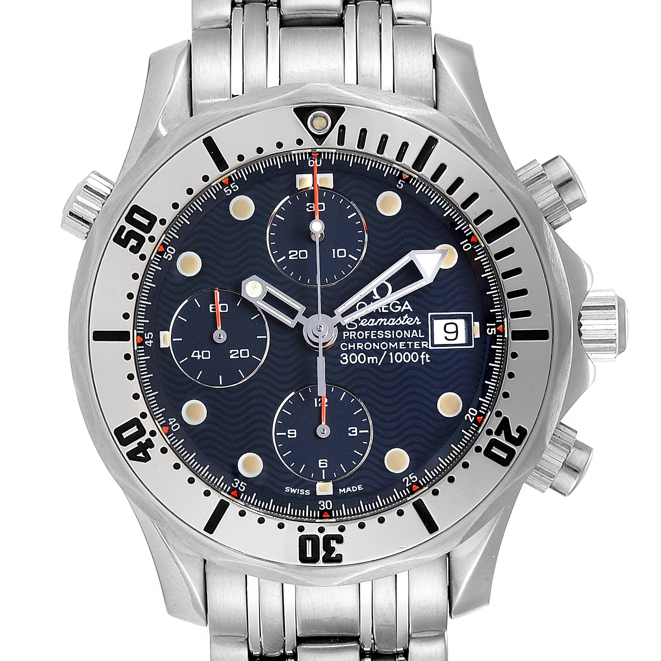 The Omega Seamaster 2598.80.00 Men
s Stainless Steel Blue Dial 2598.80.00 Men
s Stainless Steel Blue Dial watch is shown from the front, displaying its face, bezel, and bracelet.