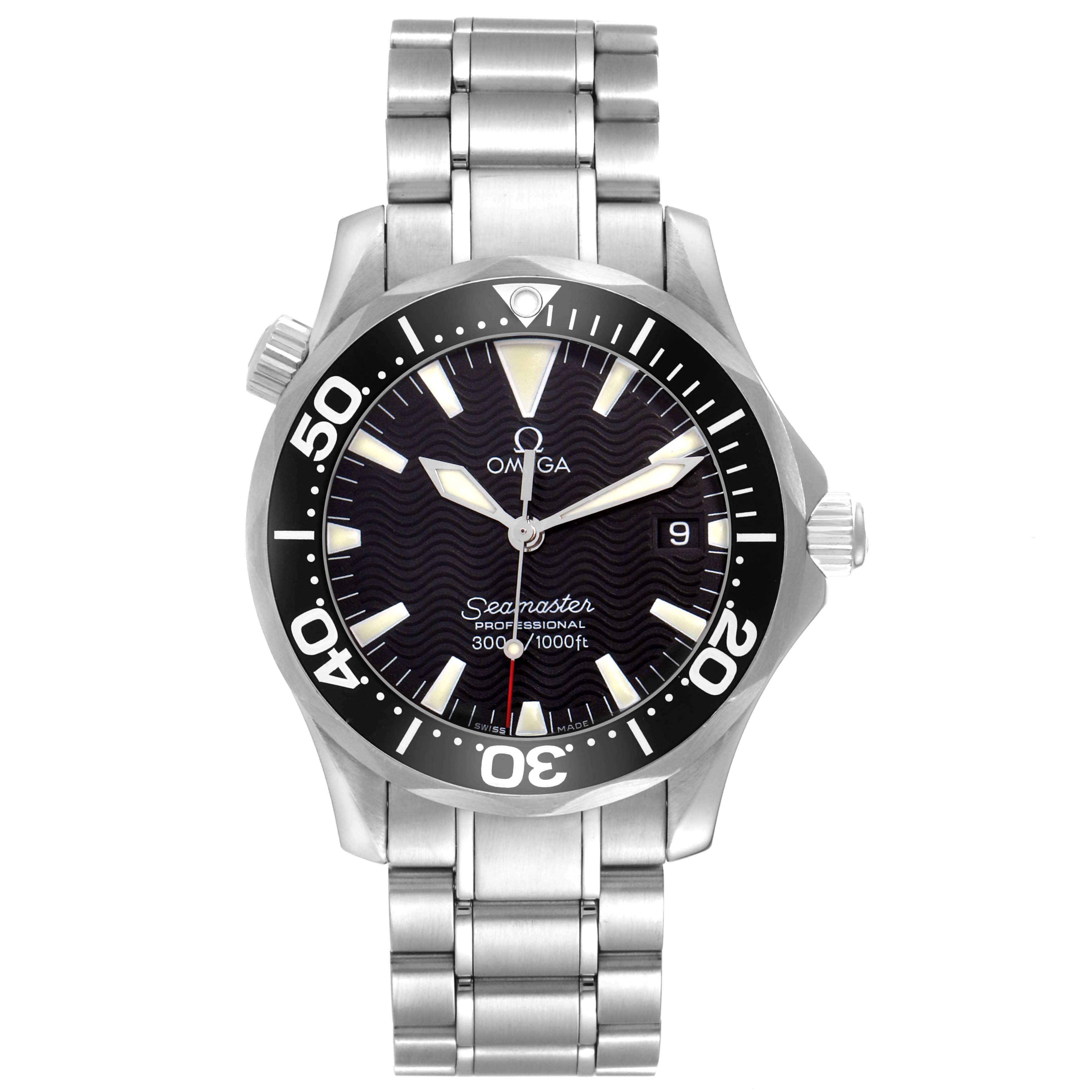 The Omega Seamaster 2262.50.00 Men
s Stainless Steel Black Dial 2262.50.00 Men
s Stainless Steel Black Dial watch is shown from a top-down angle, displaying its face, bezel, and stainless steel bracelet.