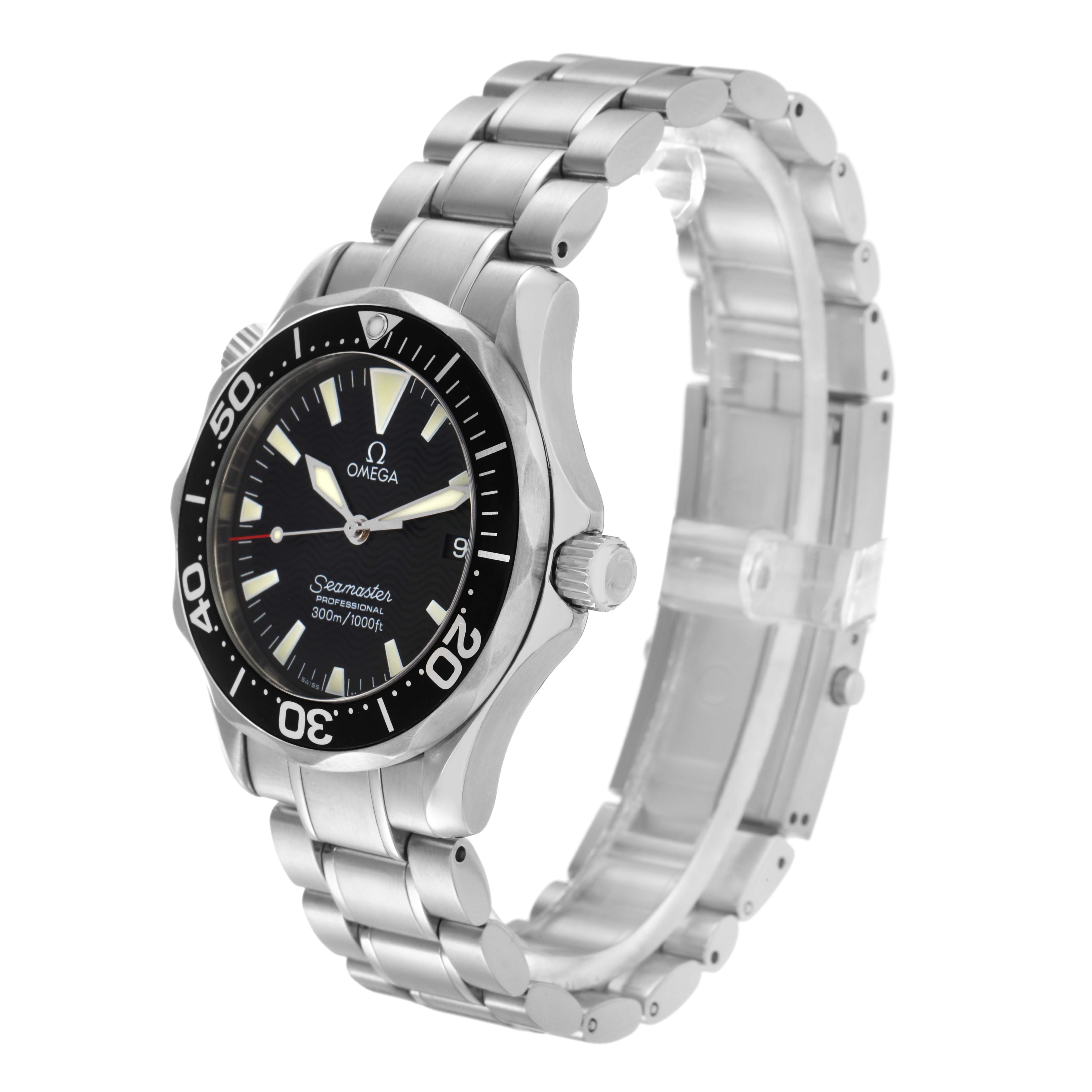 The Omega Seamaster 2262.50.00 Men
s Stainless Steel Black Dial 2262.50.00 Men
s Stainless Steel Black Dial watch is shown at a three-quarter angle displaying the face, bezel, crown, and bracelet.
