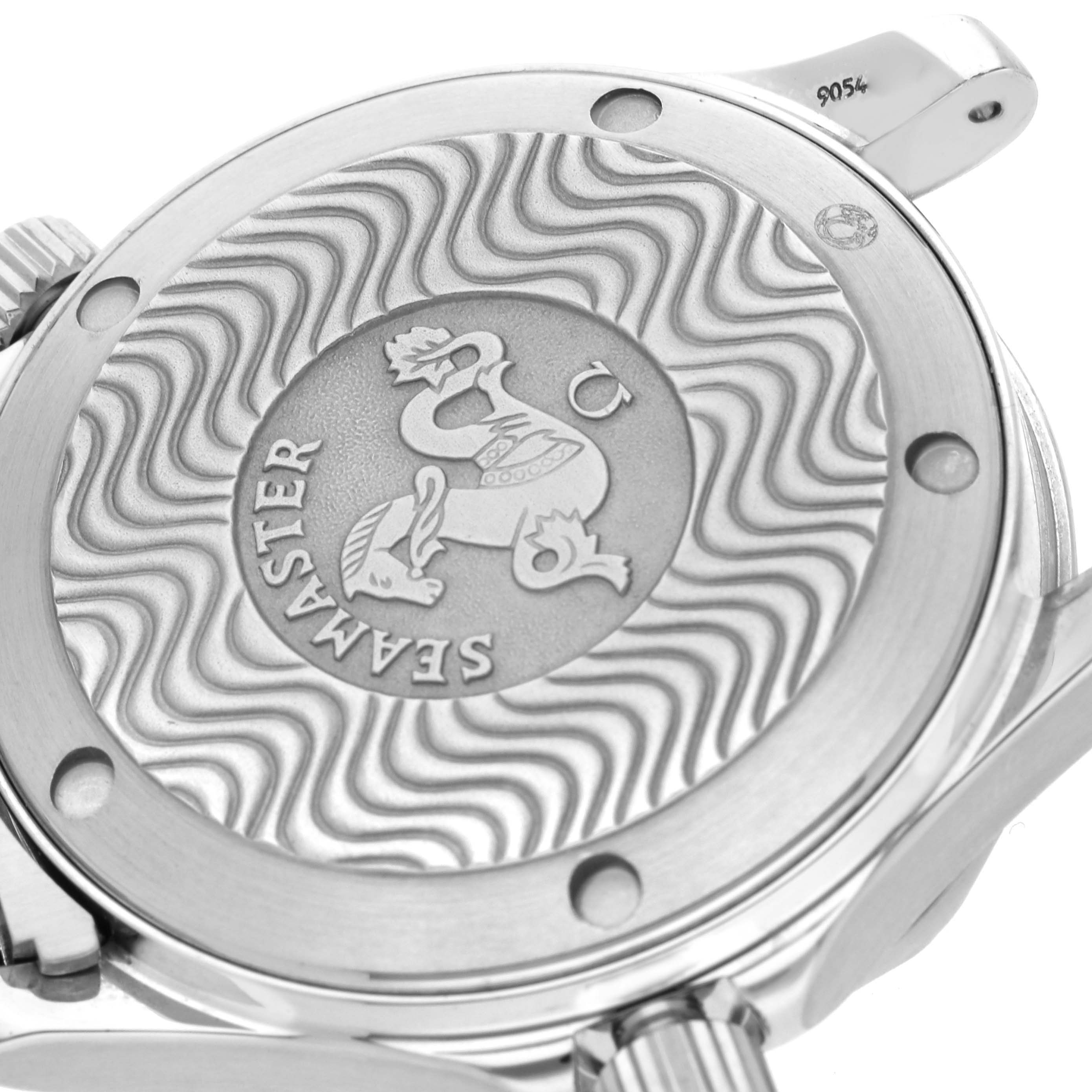 The image shows the case back of the Omega Seamaster 2262.50.00 Men
s Stainless Steel Black Dial 2262.50.00 Men
s Stainless Steel Black Dial, featuring intricate wave patterns and the engraved logo.