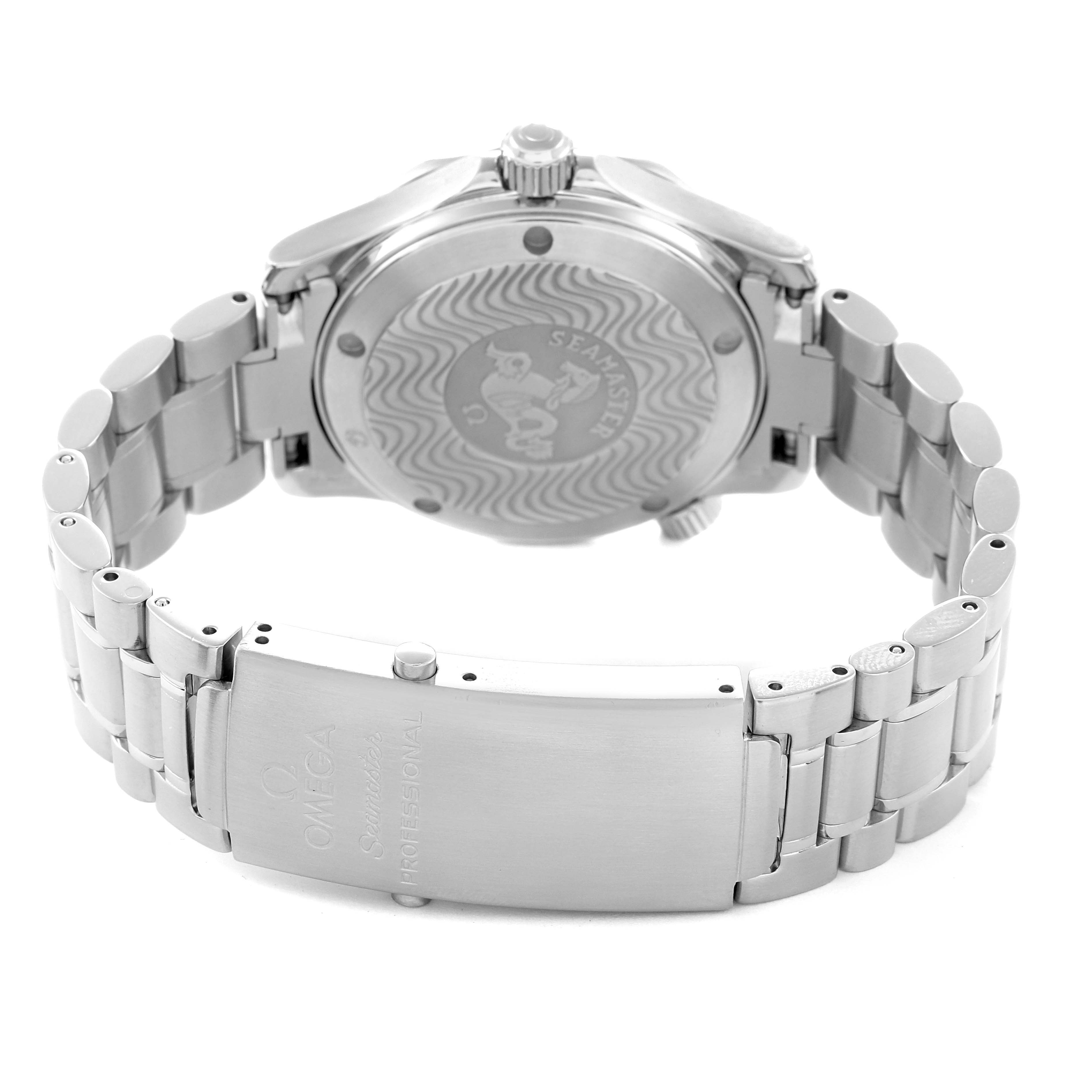 The image shows the back and clasp of an Omega Seamaster 2262.50.00 Men
s Stainless Steel Black Dial 2262.50.00 Men
s Stainless Steel Black Dial watch, highlighting the bracelet and engraved case back.