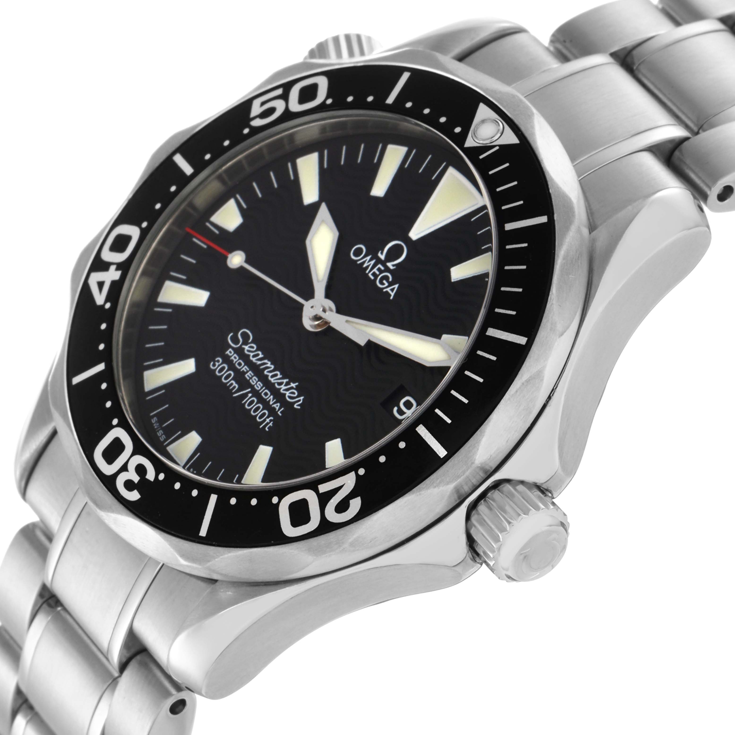 The Omega Seamaster 2262.50.00 Men
s Stainless Steel Black Dial 2262.50.00 Men
s Stainless Steel Black Dial is shown at a side angle, displaying the bezel, dial, crown, and metal bracelet.