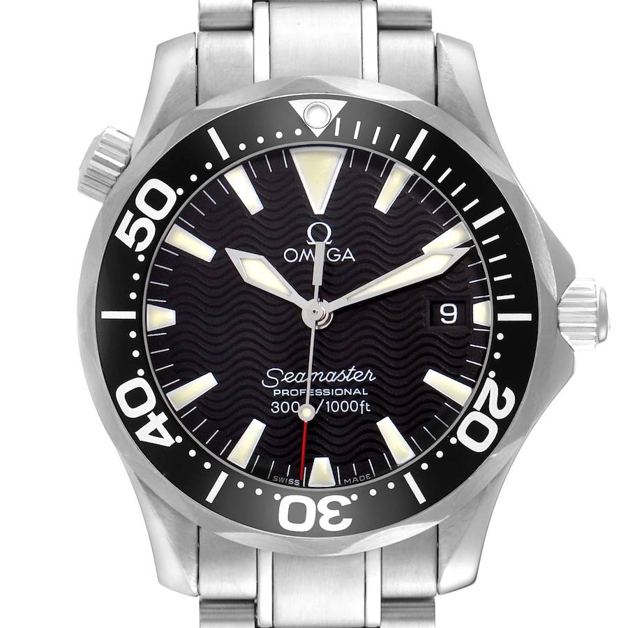 The Omega Seamaster watch is shown from a front angle, highlighting the dial, bezel, hands, and bracelet.