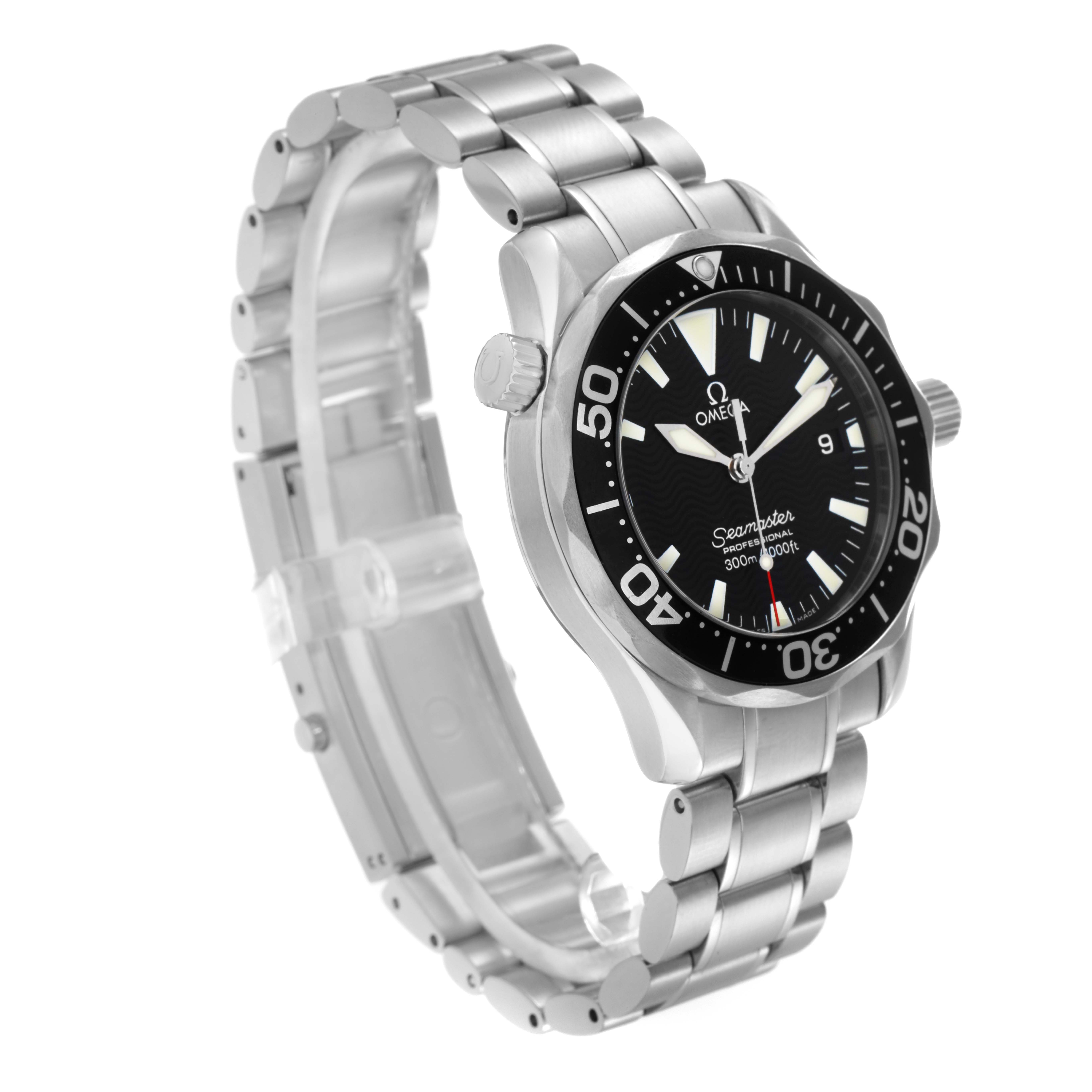 The Omega Seamaster 2262.50.00 Men
s Stainless Steel Black Dial 2262.50.00 Men
s Stainless Steel Black Dial watch is shown at a three-quarter angle highlighting the bezel, dial, crown, and metal bracelet.