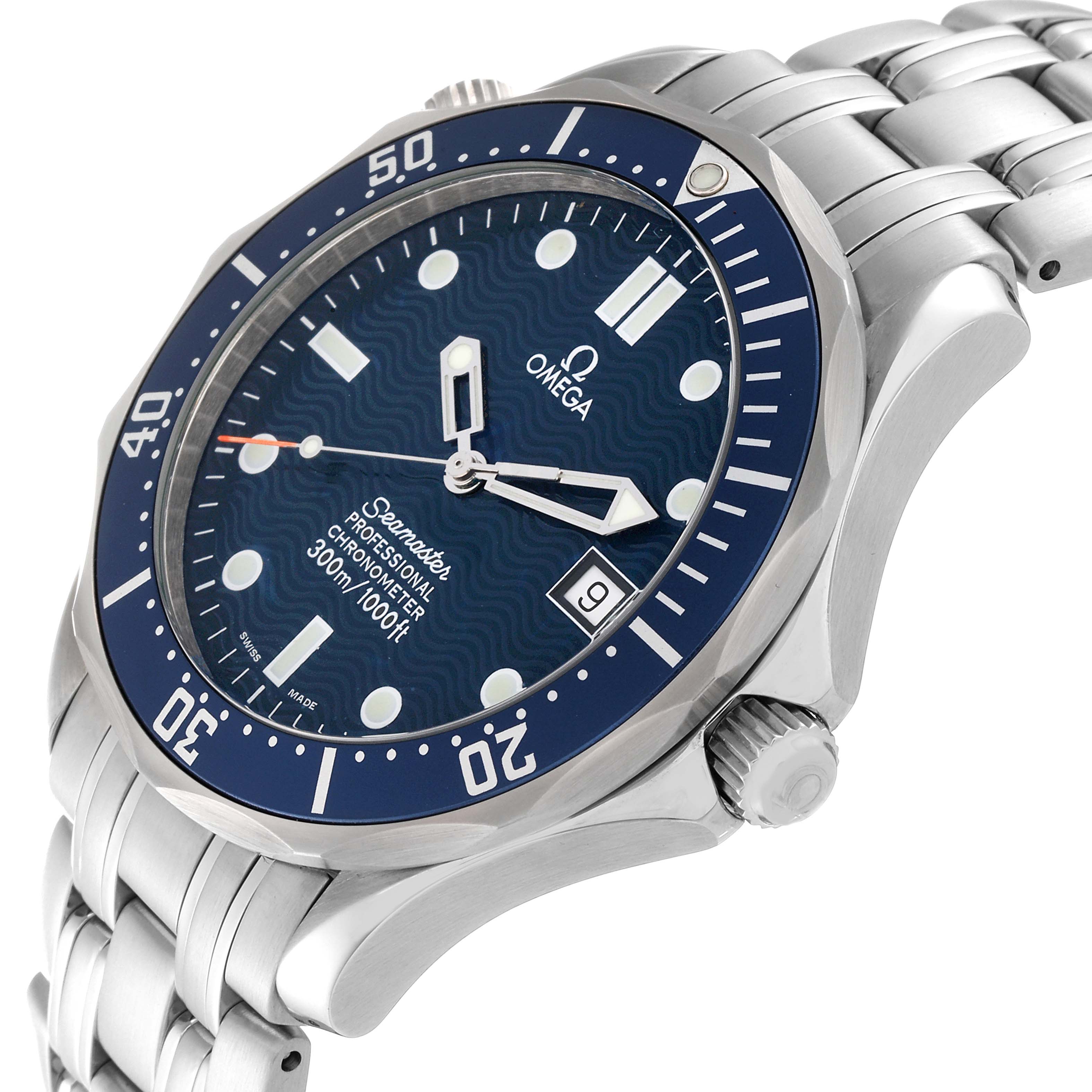 The image shows a side angle of the Omega Seamaster 2531.80.00 Men
s Stainless Steel Blue Dial 2531.80.00 Men
s Stainless Steel Blue Dial watch, highlighting the bezel, dial, crown, and metal bracelet.