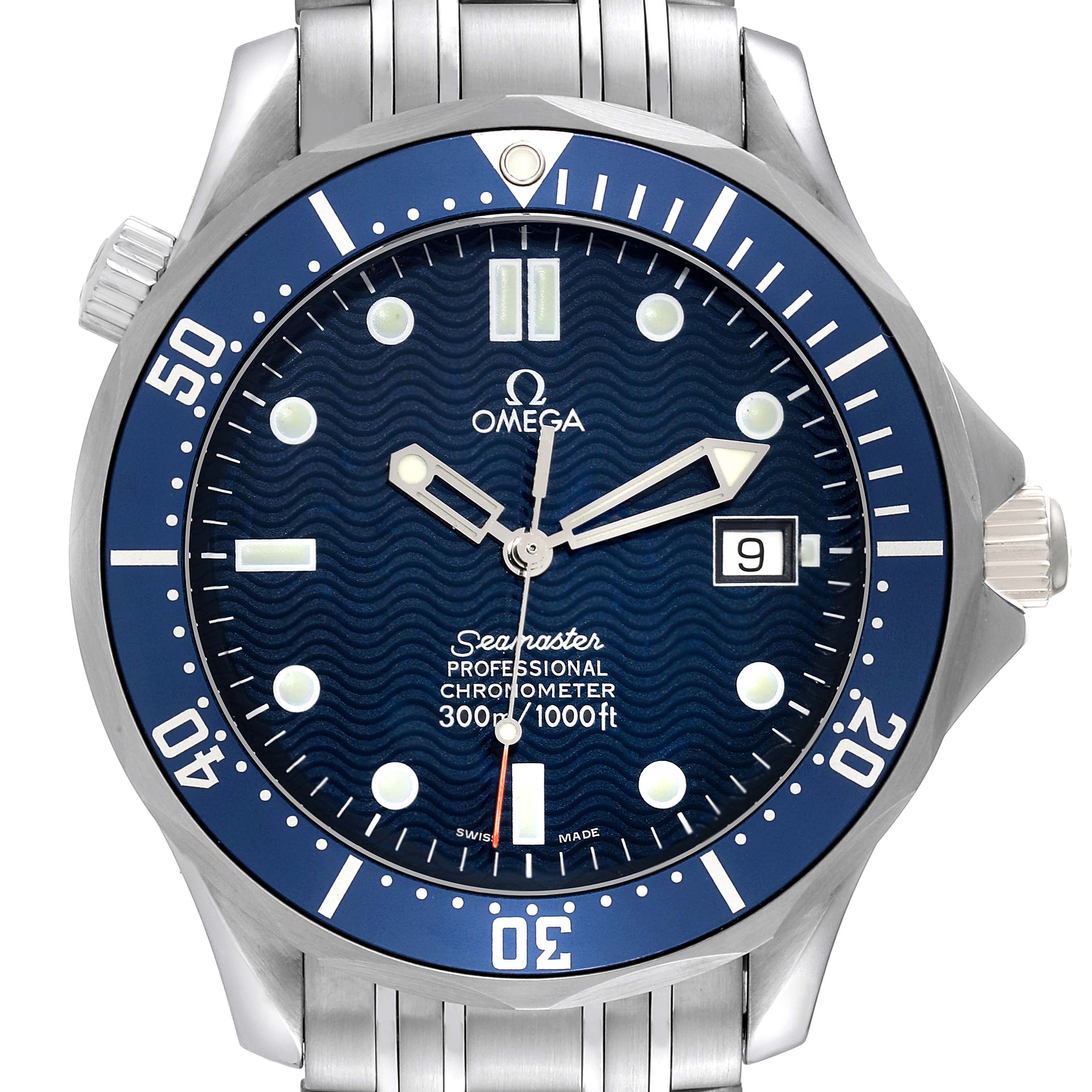 The image shows a front view of the Omega Seamaster 2531.80.00 Men
s Stainless Steel Blue Dial 2531.80.00 Men
s Stainless Steel Blue Dial Professional Chronometer watch, highlighting the blue dial and stainless steel bracelet.