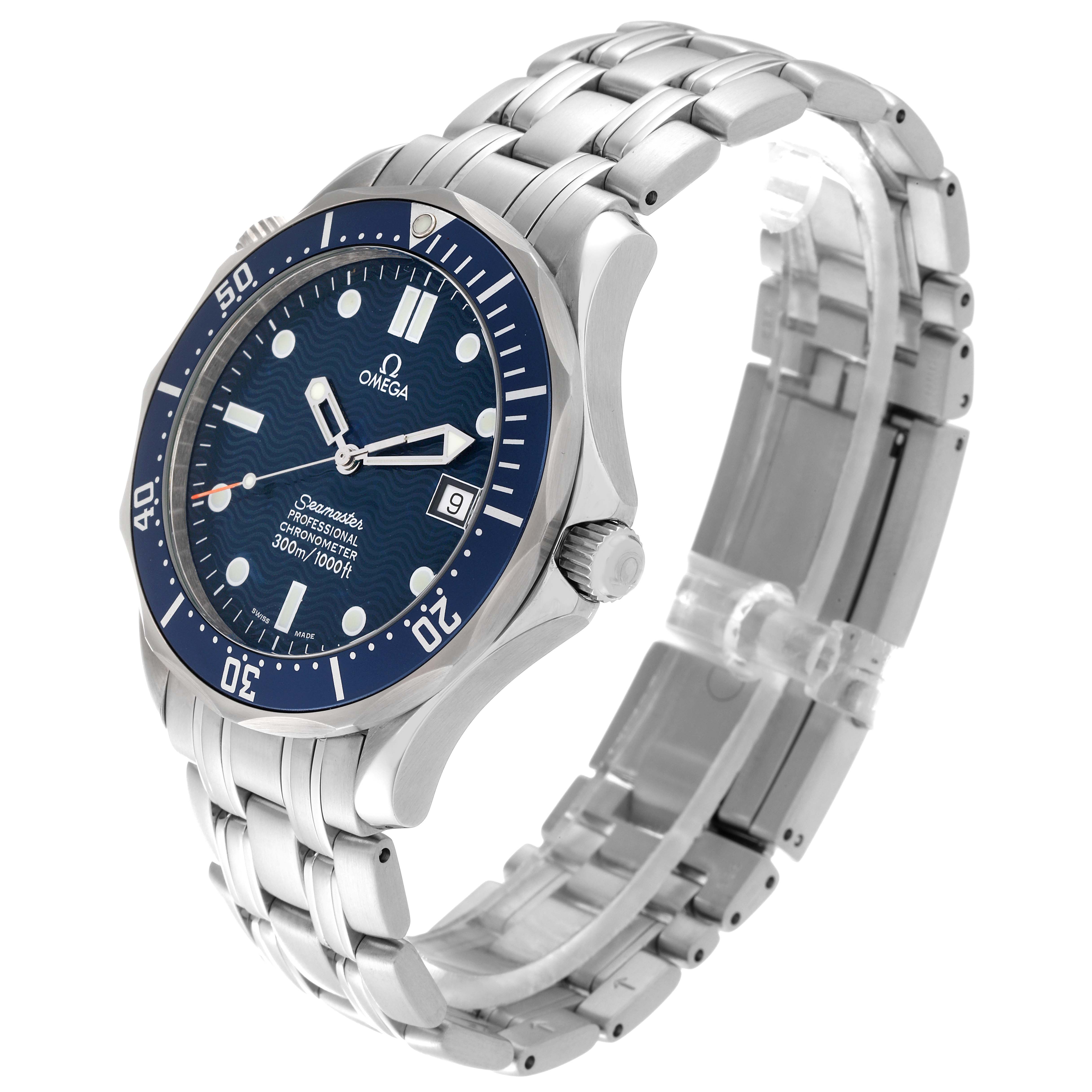 The Omega Seamaster 2531.80.00 Men
s Stainless Steel Blue Dial 2531.80.00 Men
s Stainless Steel Blue Dial watch is shown from a side angle, displaying the blue dial, bezel, crown, and stainless steel bracelet.