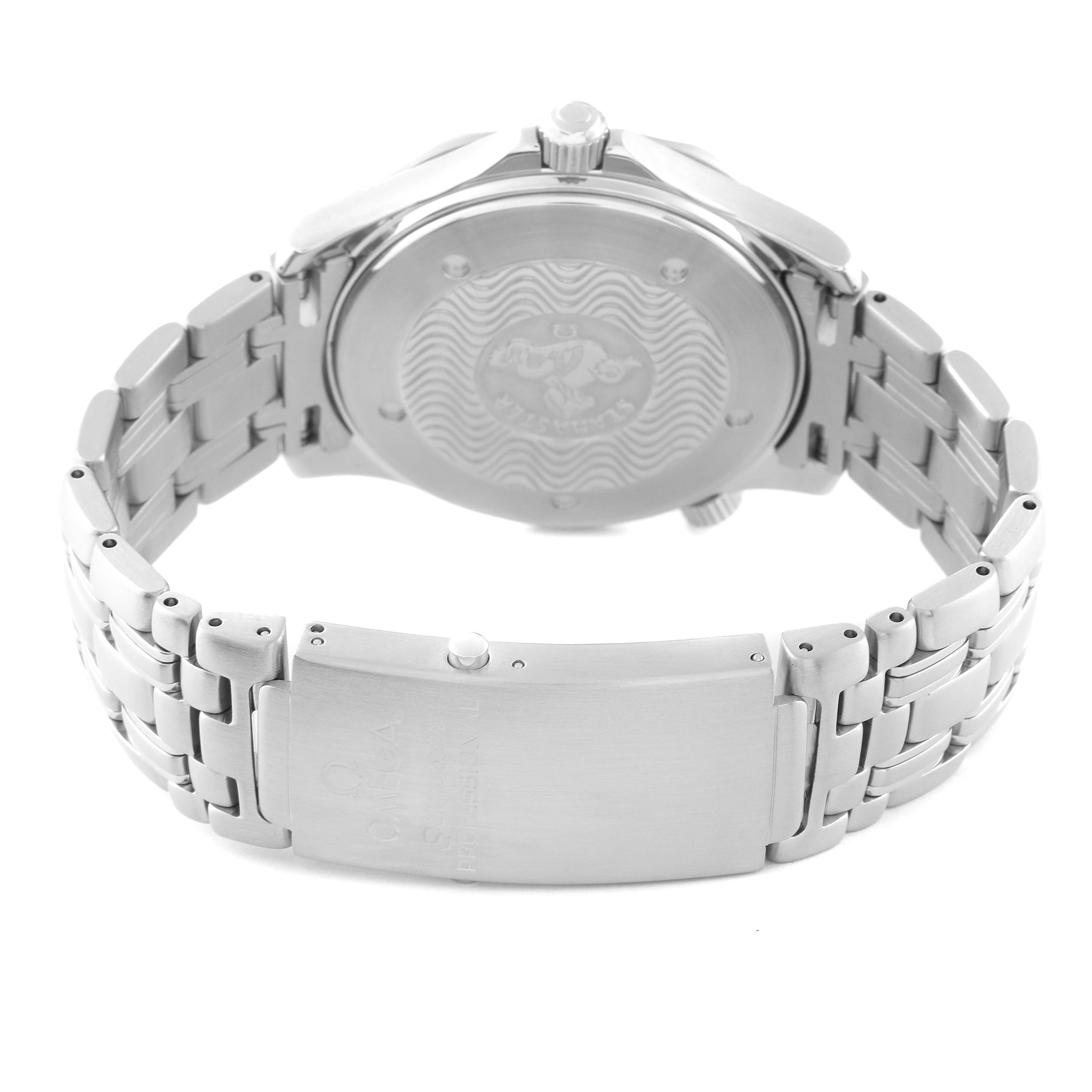 The image shows the back case and clasp of an Omega Seamaster 2531.80.00 Men
s Stainless Steel Blue Dial 2531.80.00 Men
s Stainless Steel Blue Dial watch from a rear angle, highlighting the bracelet and engraved details.