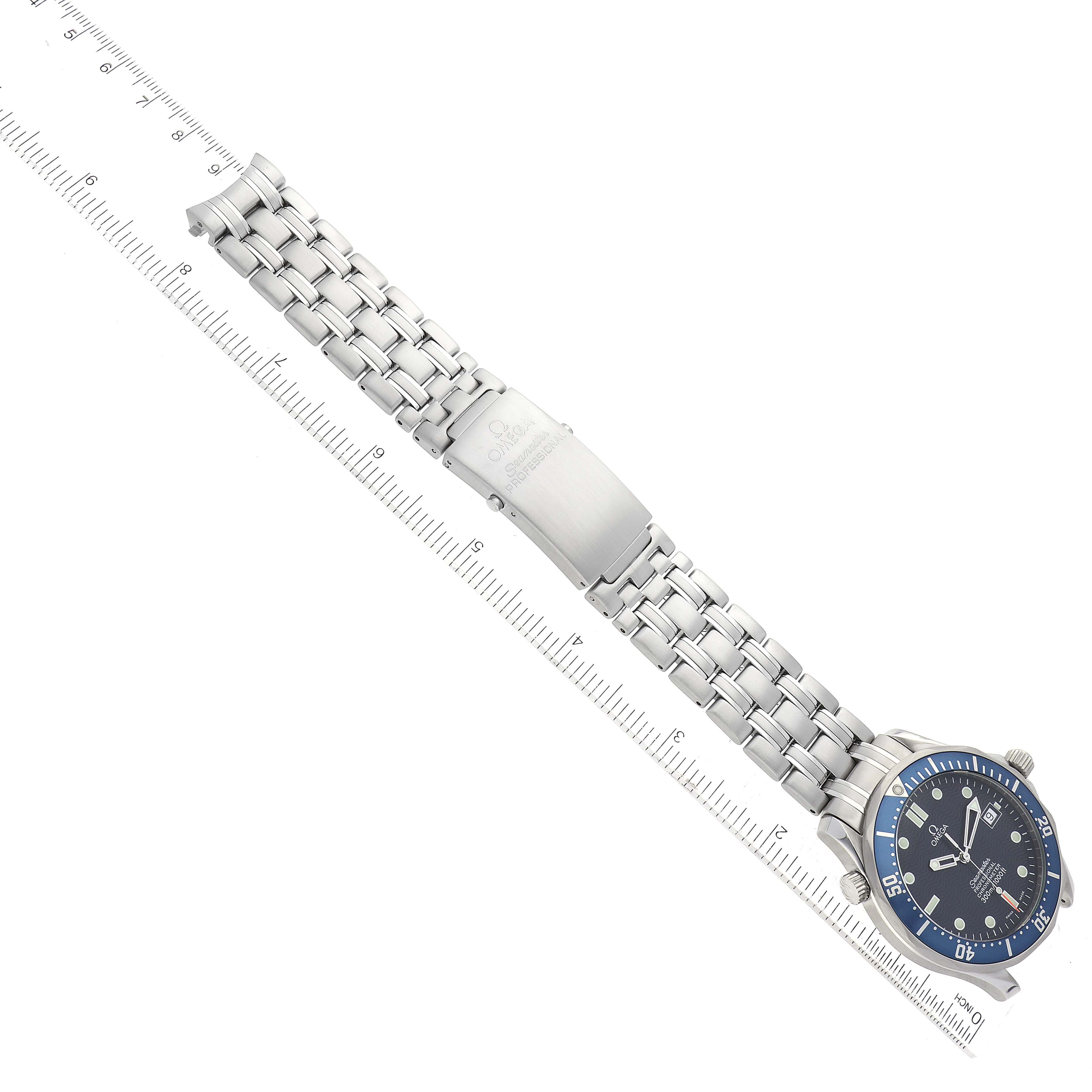 The watch is an Omega Seamaster 2531.80.00 Men
s Stainless Steel Blue Dial 2531.80.00 Men
s Stainless Steel Blue Dial model shown from an angled top view, displaying the dial, bezel, bracelet, and clasp.