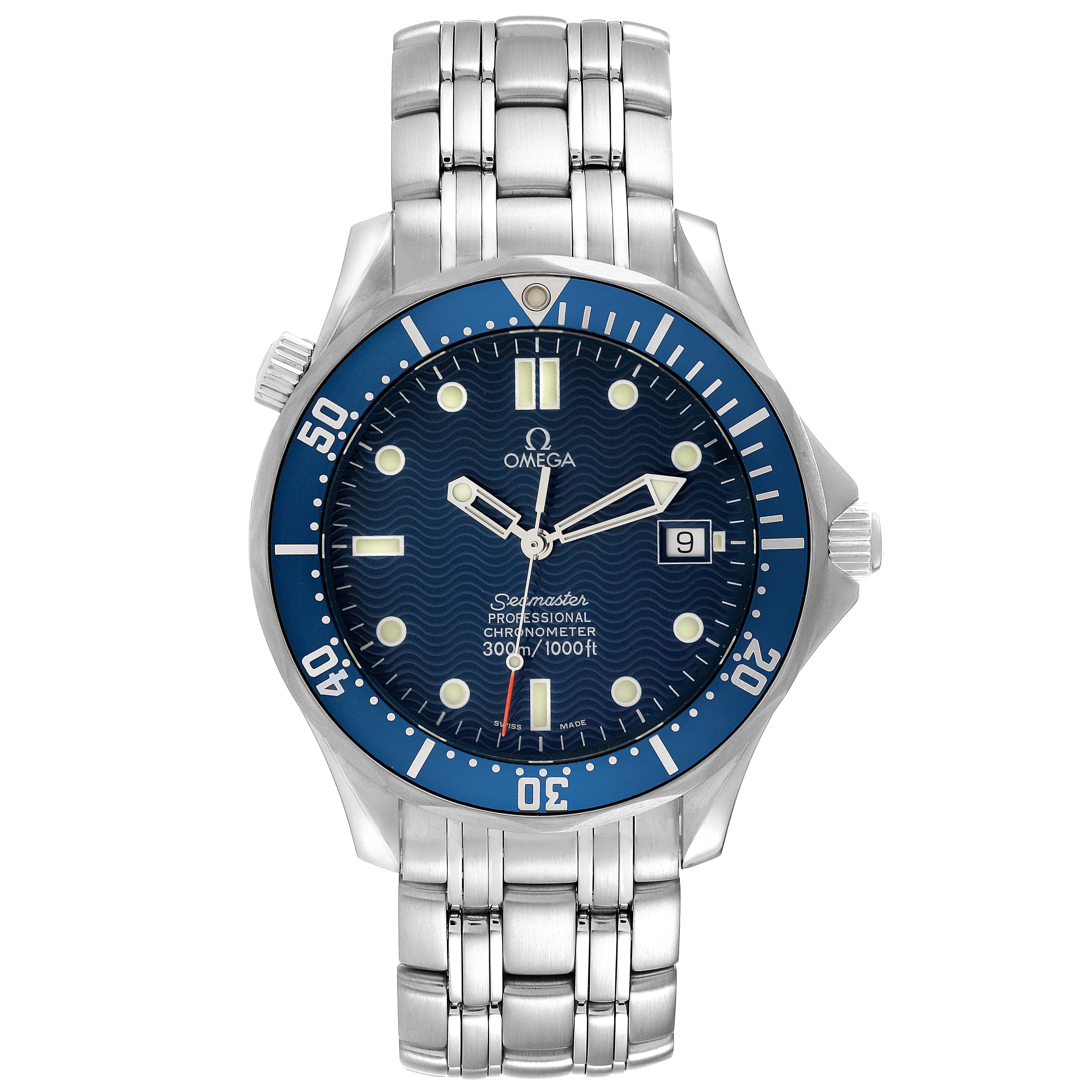 This image shows a front view of the Omega Seamaster 2531.80.00 Men
s Stainless Steel Blue Dial 2531.80.00 Men
s Stainless Steel Blue Dial watch, displaying its dial, bezel, and stainless steel bracelet.