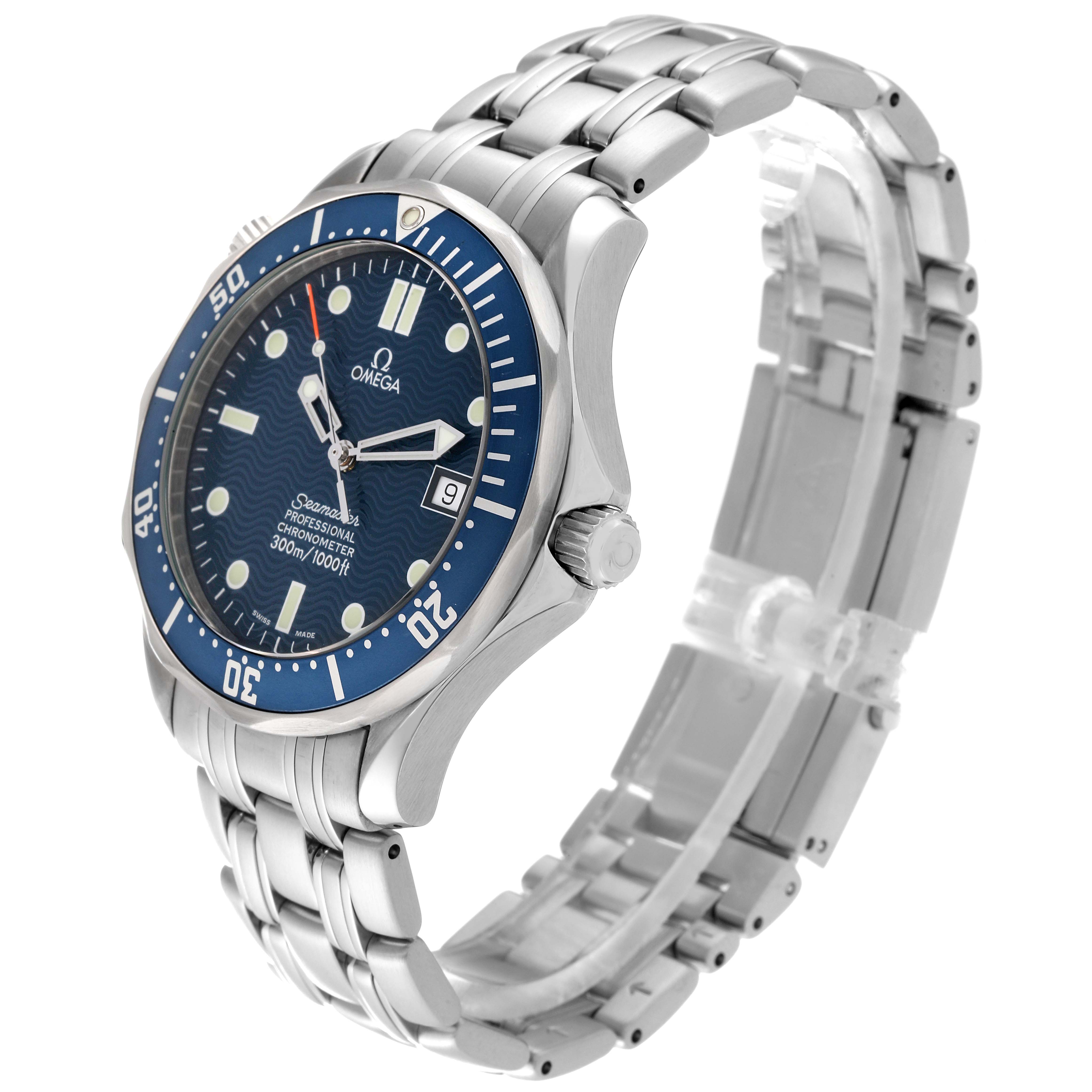 The image shows an Omega Seamaster 2531.80.00 Men
s Stainless Steel Blue Dial 2531.80.00 Men
s Stainless Steel Blue Dial watch at an angled side view, highlighting the blue dial, bezel, stainless steel case, and bracelet.