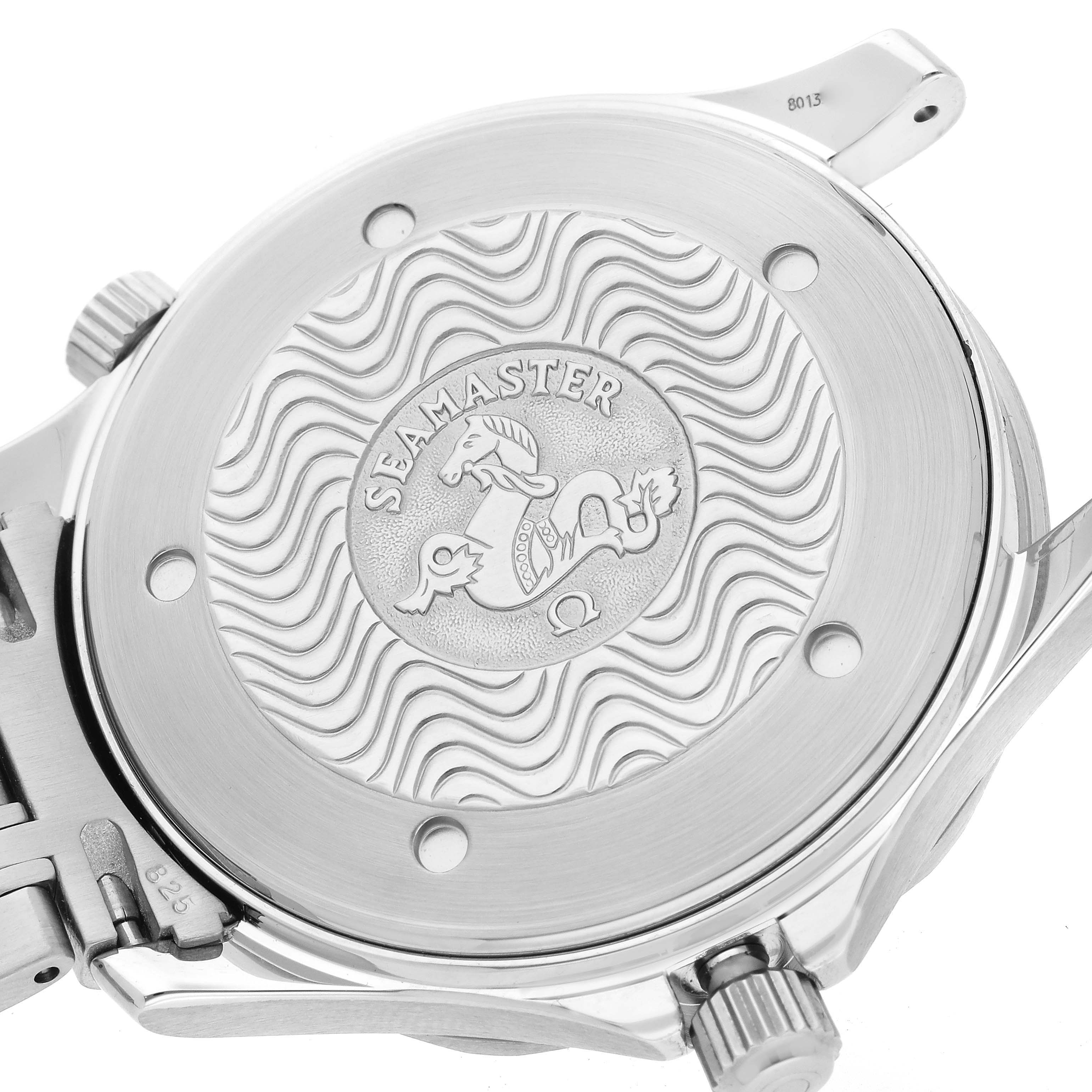 The image shows the back case of an Omega Seamaster 2531.80.00 Men
s Stainless Steel Blue Dial 2531.80.00 Men
s Stainless Steel Blue Dial watch, highlighting its engraved design and logo.