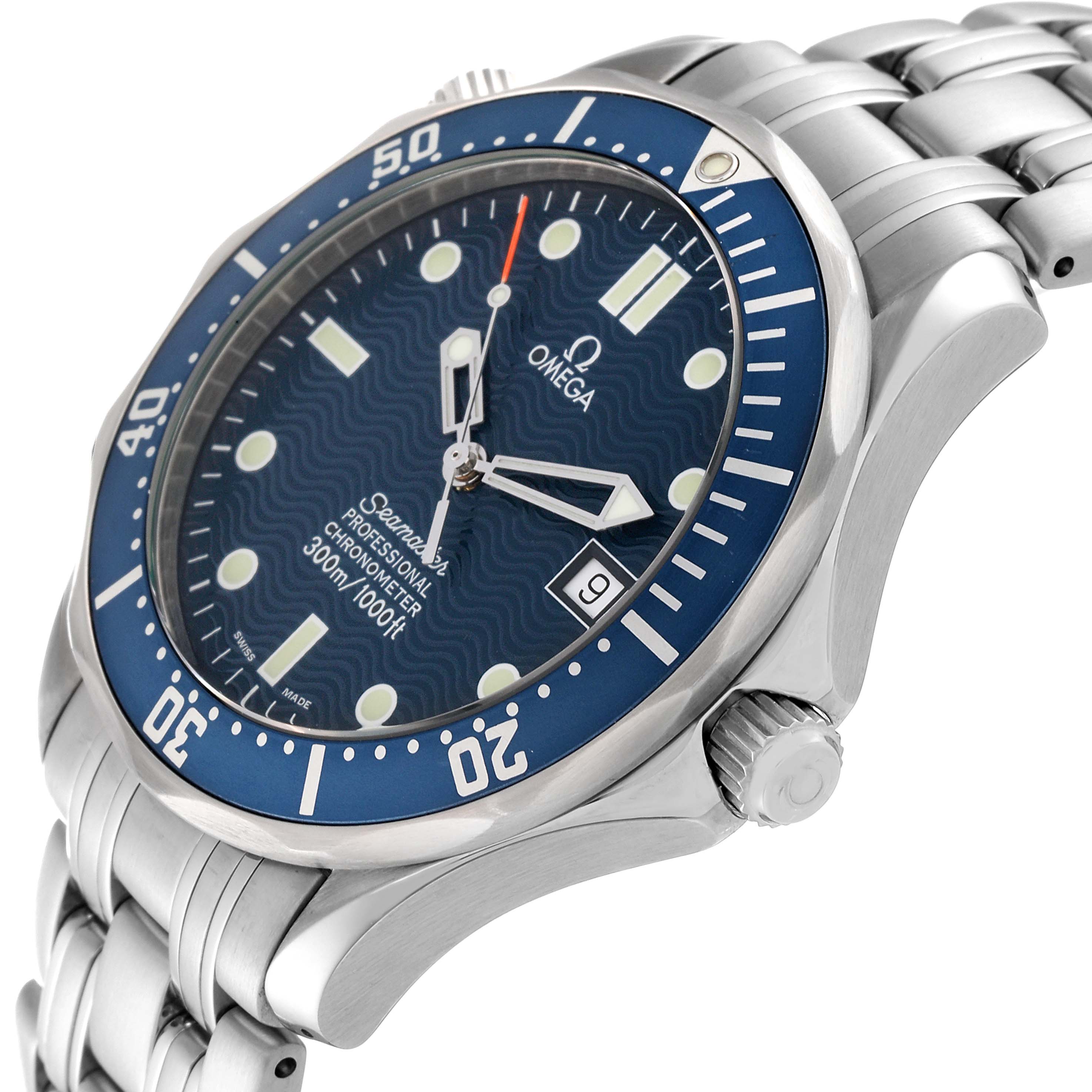 The image shows a side-angle view of an Omega Seamaster 2531.80.00 Men
s Stainless Steel Blue Dial 2531.80.00 Men
s Stainless Steel Blue Dial watch displaying its blue dial, bezel, crown, and part of the bracelet.