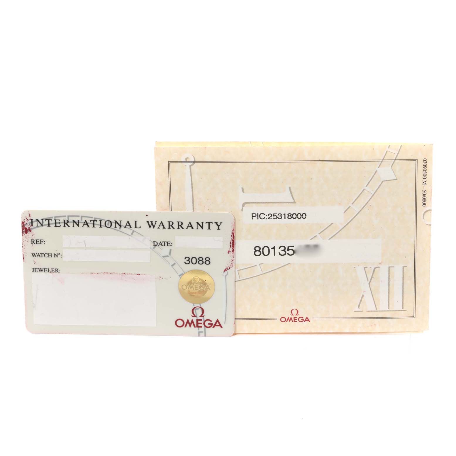 The image shows an Omega Seamaster 2531.80.00 Men
s Stainless Steel Blue Dial 2531.80.00 Men
s Stainless Steel Blue Dial International Warranty card and an accompanying box from a frontal angle.