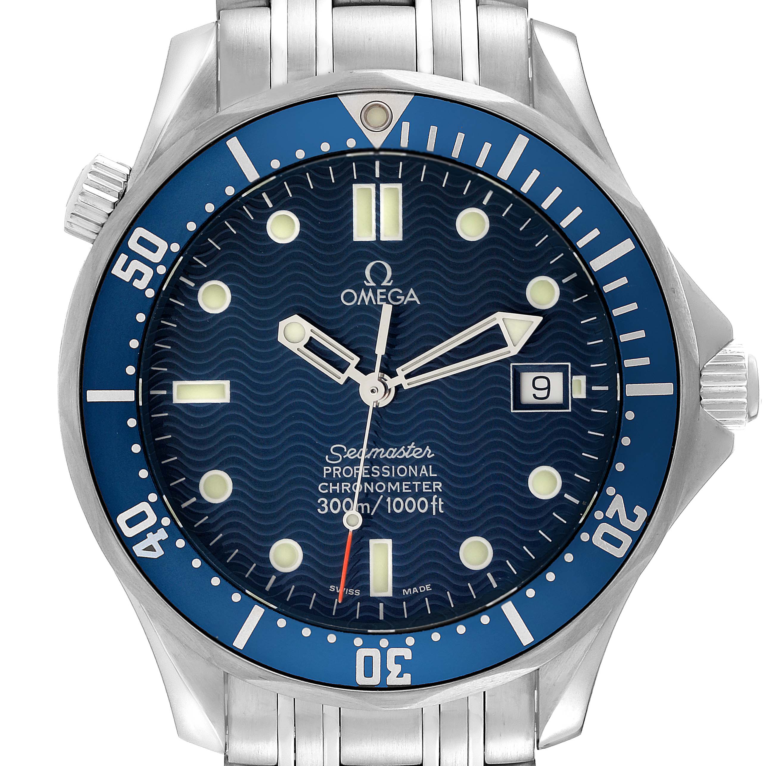 The image shows a frontal view of the Omega Seamaster 2531.80.00 Men
s Stainless Steel Blue Dial 2531.80.00 Men
s Stainless Steel Blue Dial watch, displaying its blue bezel, dial, and metal bracelet.