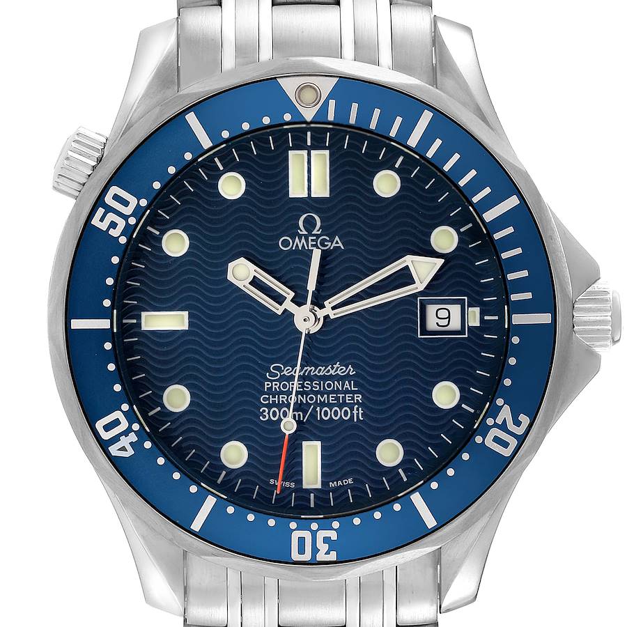 The image shows a frontal view of the Omega Seamaster watch, displaying its blue bezel, dial, and metal bracelet.