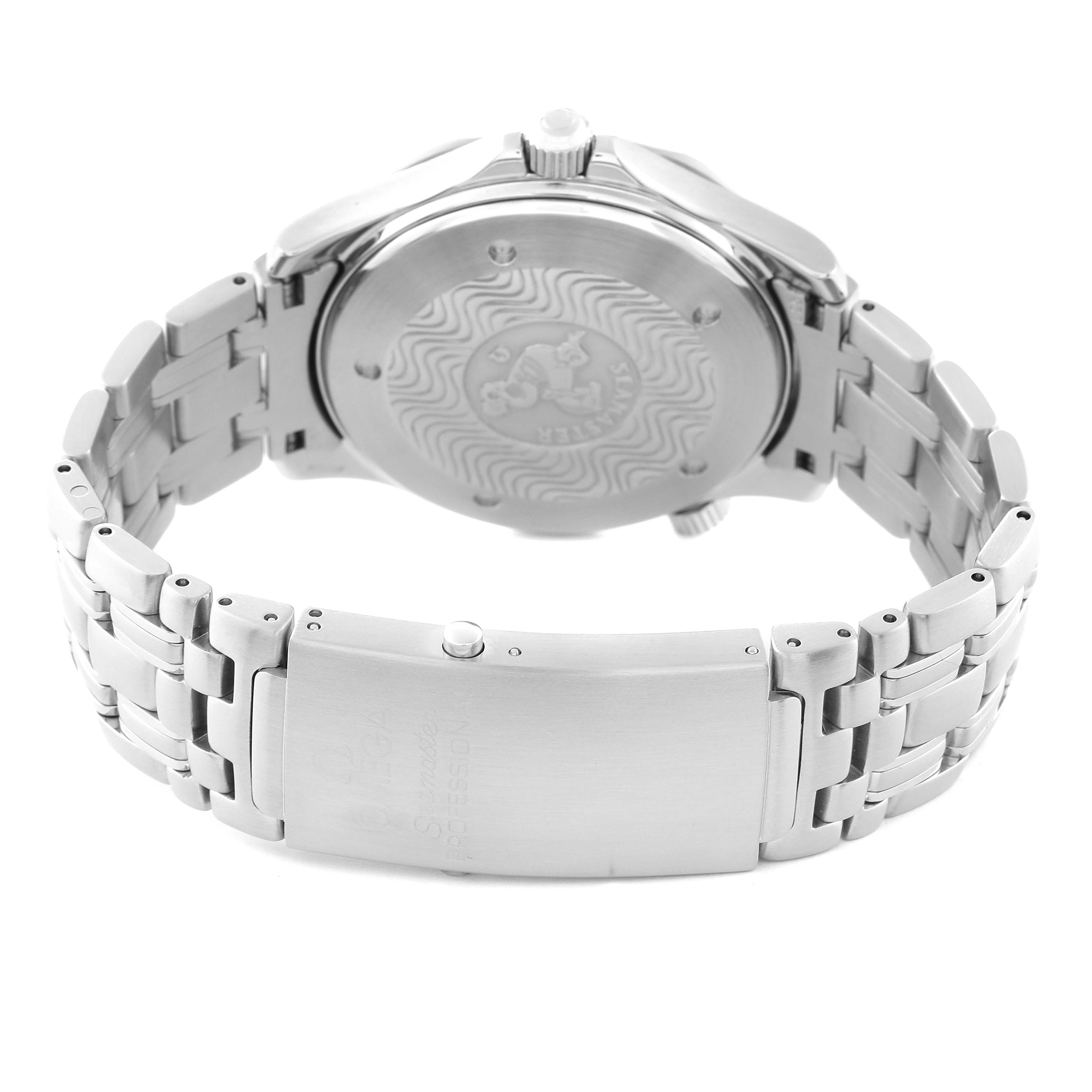 The image shows the back case and bracelet of an Omega Seamaster 2532.80.00 Men
s Stainless Steel Black Dial 2532.80.00 Men
s Stainless Steel Black Dial watch from a rear angle.