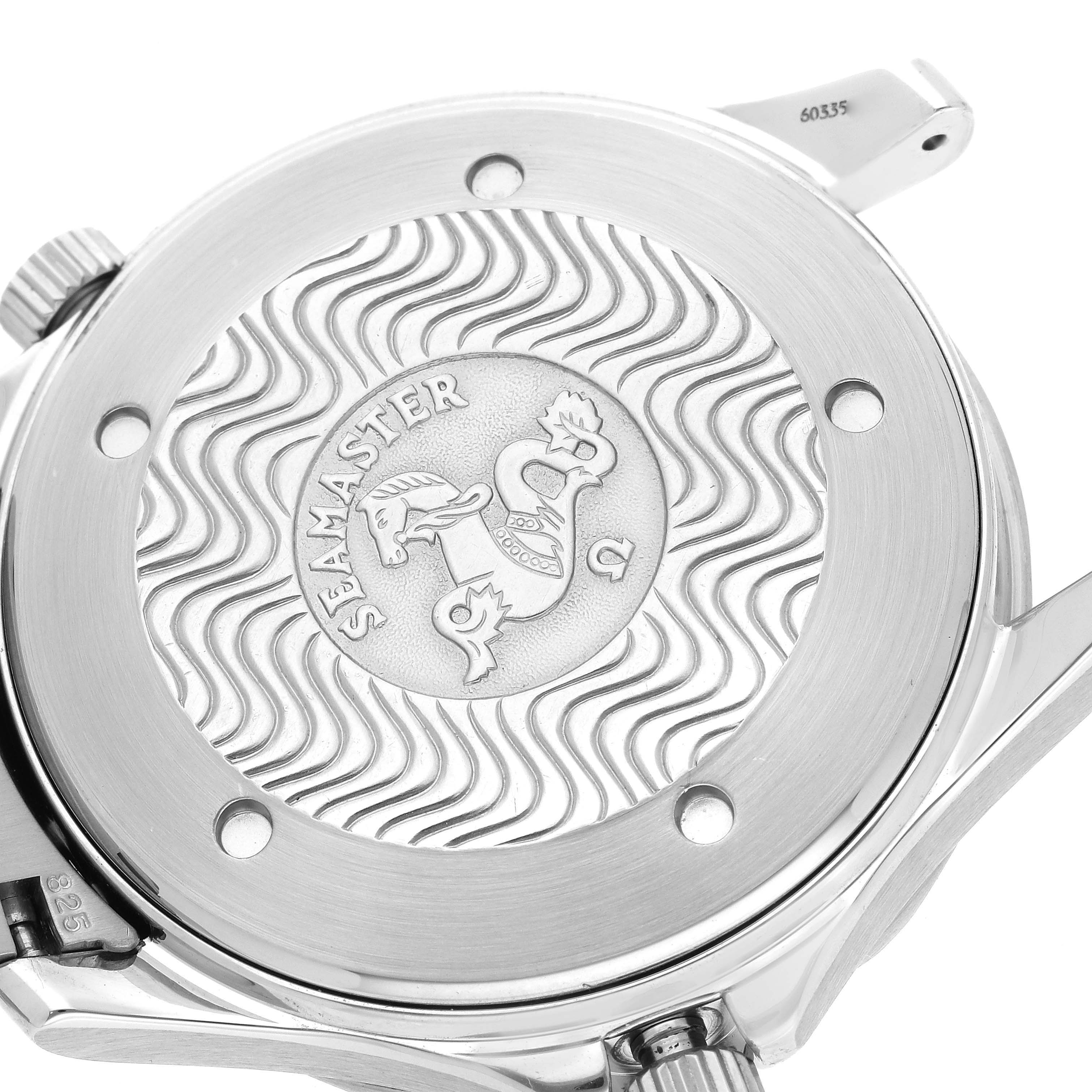 The image shows the back case of the Omega Seamaster 2532.80.00 Men
s Stainless Steel Black Dial 2532.80.00 Men
s Stainless Steel Black Dial watch, featuring the engraved design and wave pattern.