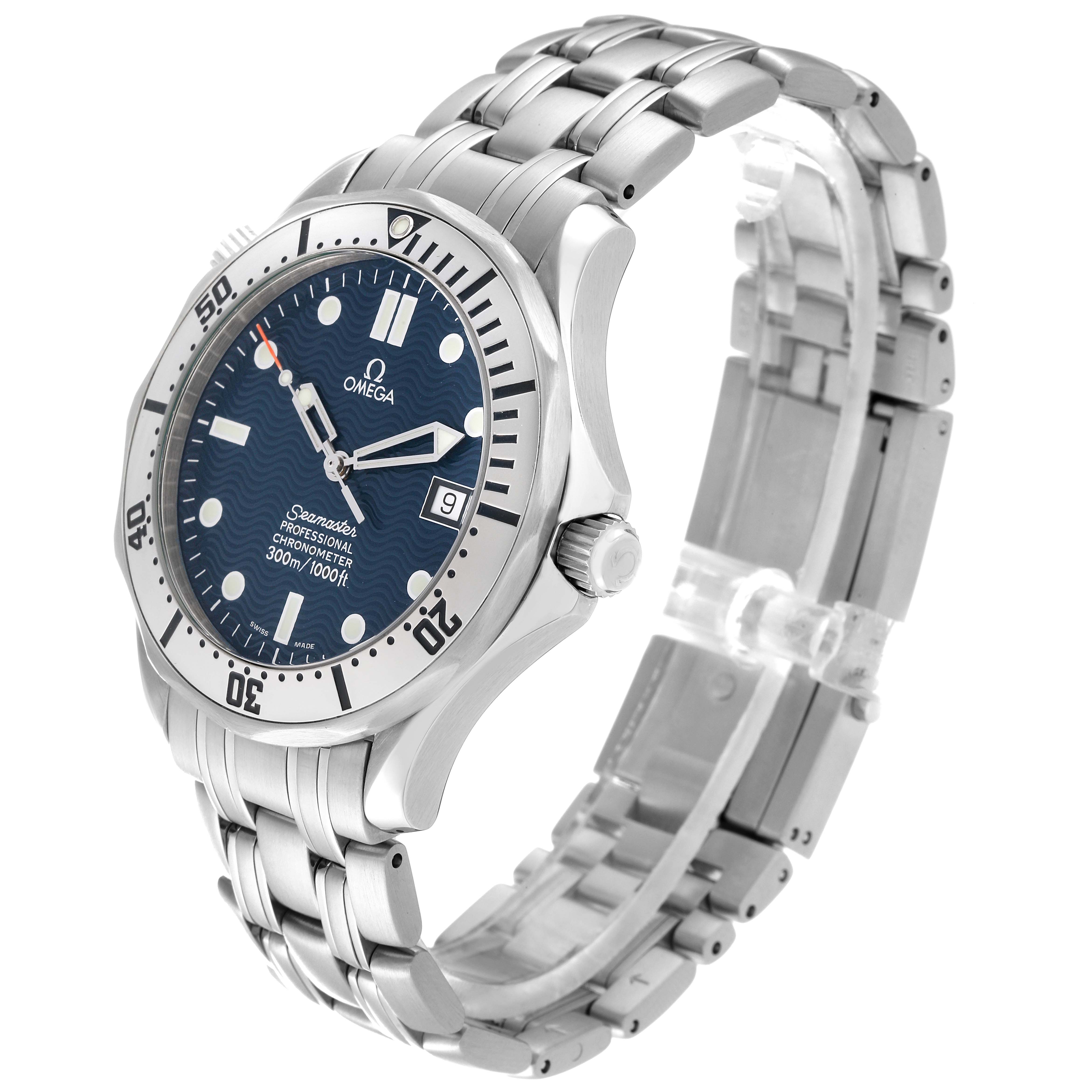 The Omega Seamaster 2532.80.00 Men
s Stainless Steel Black Dial 2532.80.00 Men
s Stainless Steel Black Dial watch is shown at a three-quarter angle, highlighting the face, bezel, and bracelet.