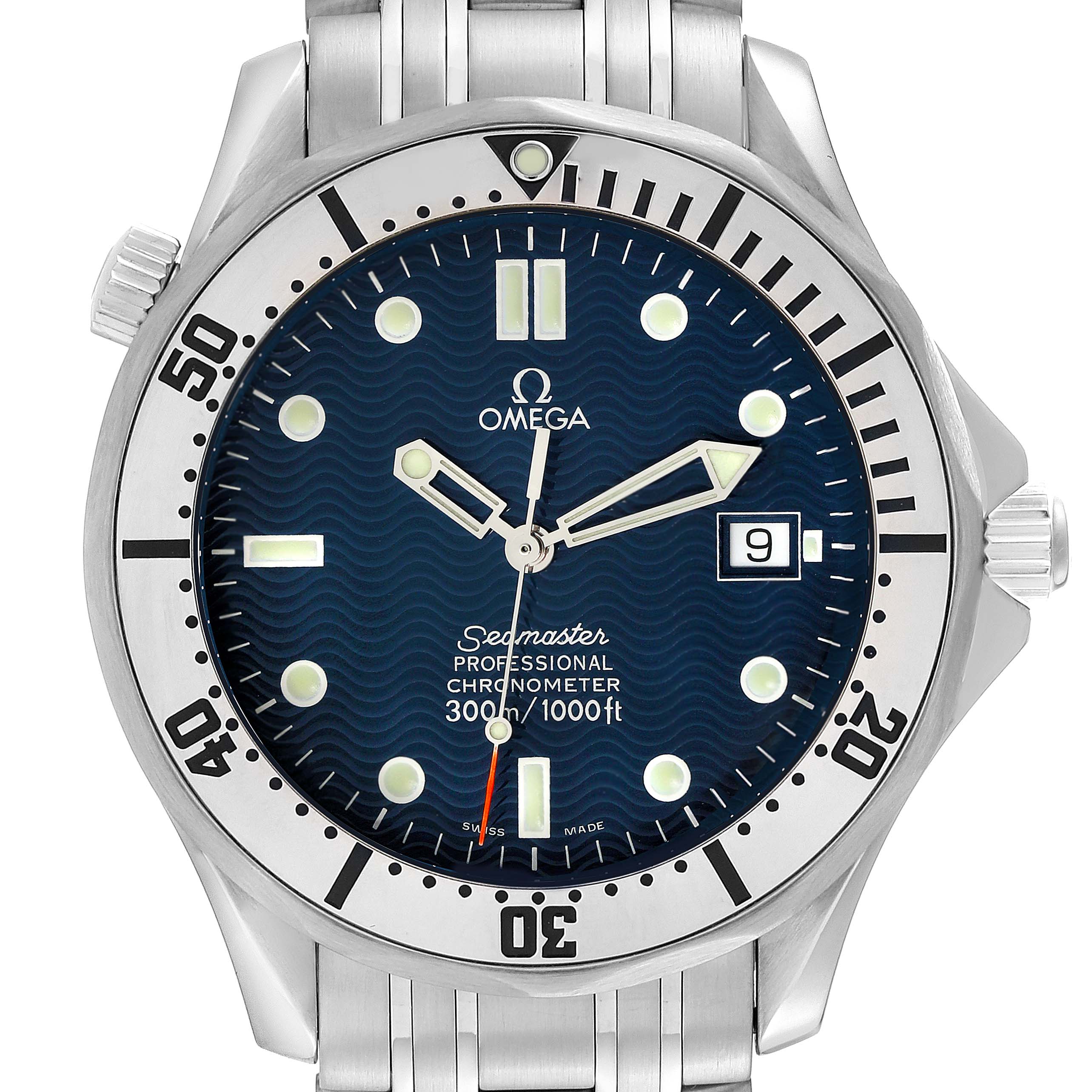 The image shows a front view of the Omega Seamaster 2532.80.00 Men
s Stainless Steel Black Dial 2532.80.00 Men
s Stainless Steel Black Dial watch, displaying the dial, bezel, crown, and part of the metal bracelet.