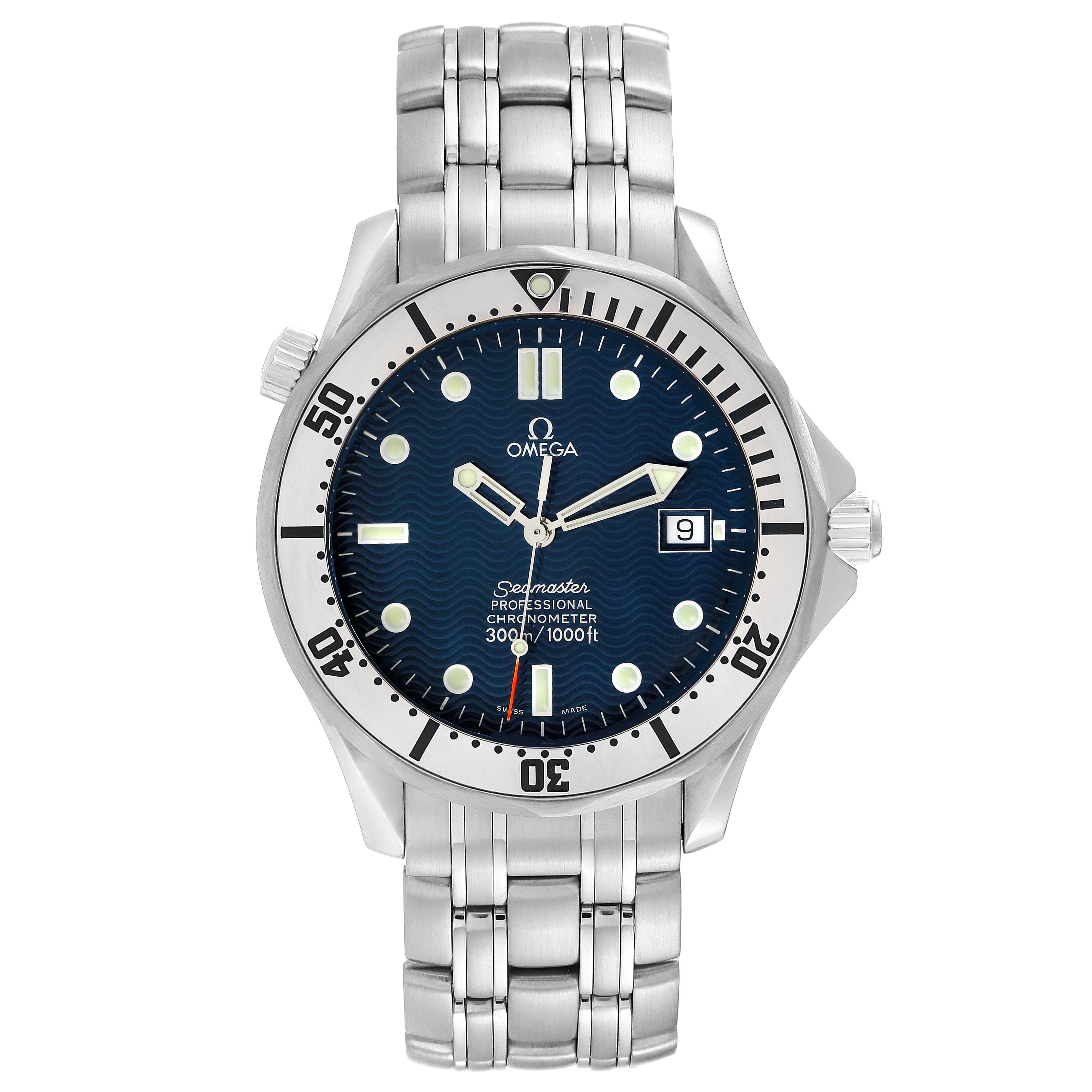 The image shows a frontal view of the Omega Seamaster 2532.80.00 Men
s Stainless Steel Black Dial 2532.80.00 Men
s Stainless Steel Black Dial, highlighting the blue dial, bezel, and stainless steel bracelet.