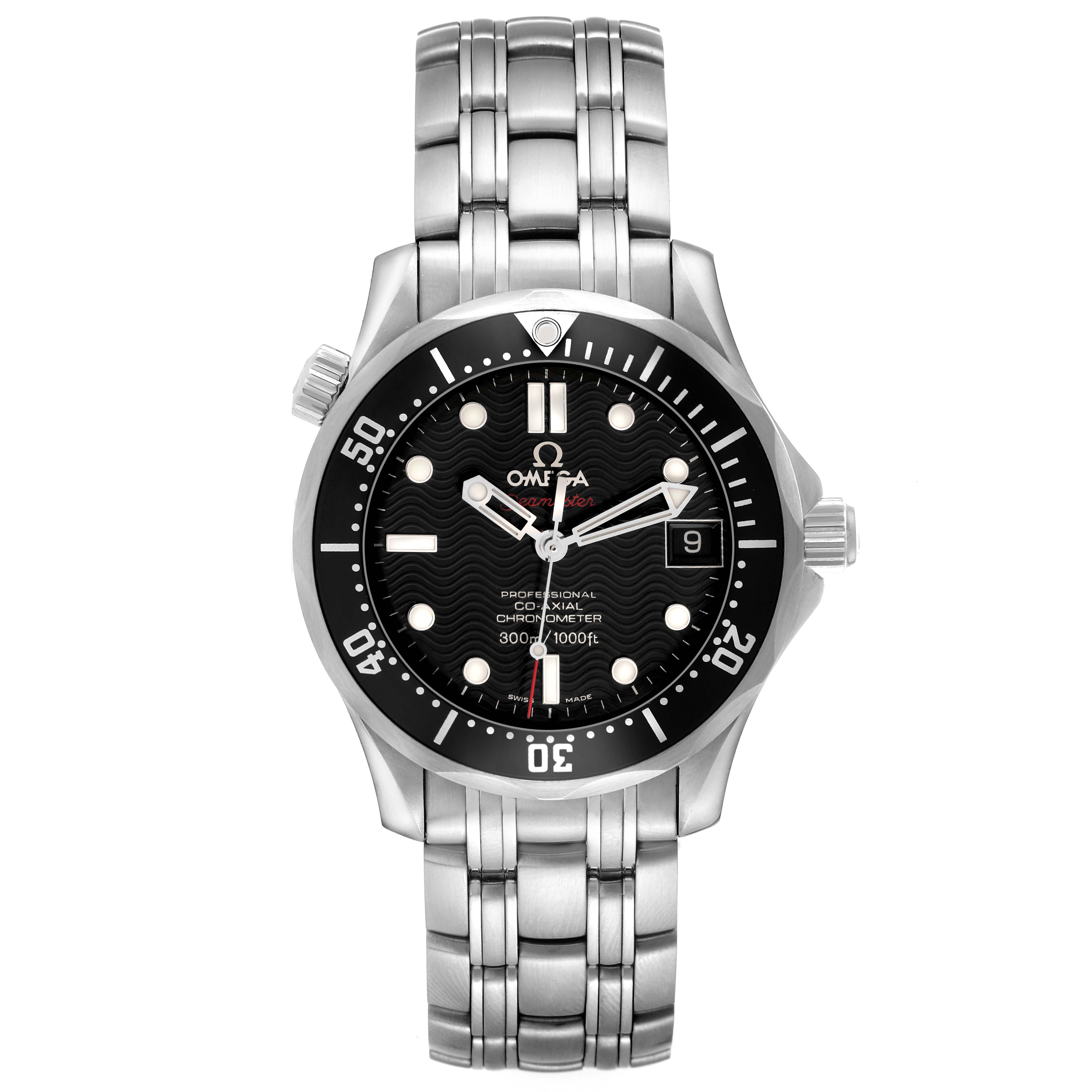 The Omega Seamaster 212.30.36.20.01.001 Men
s Stainless Steel Black Dial 212.30.36.20.01.001 Men
s Stainless Steel Black Dial watch is shown from a front angle, displaying the dial, bezel, and bracelet.