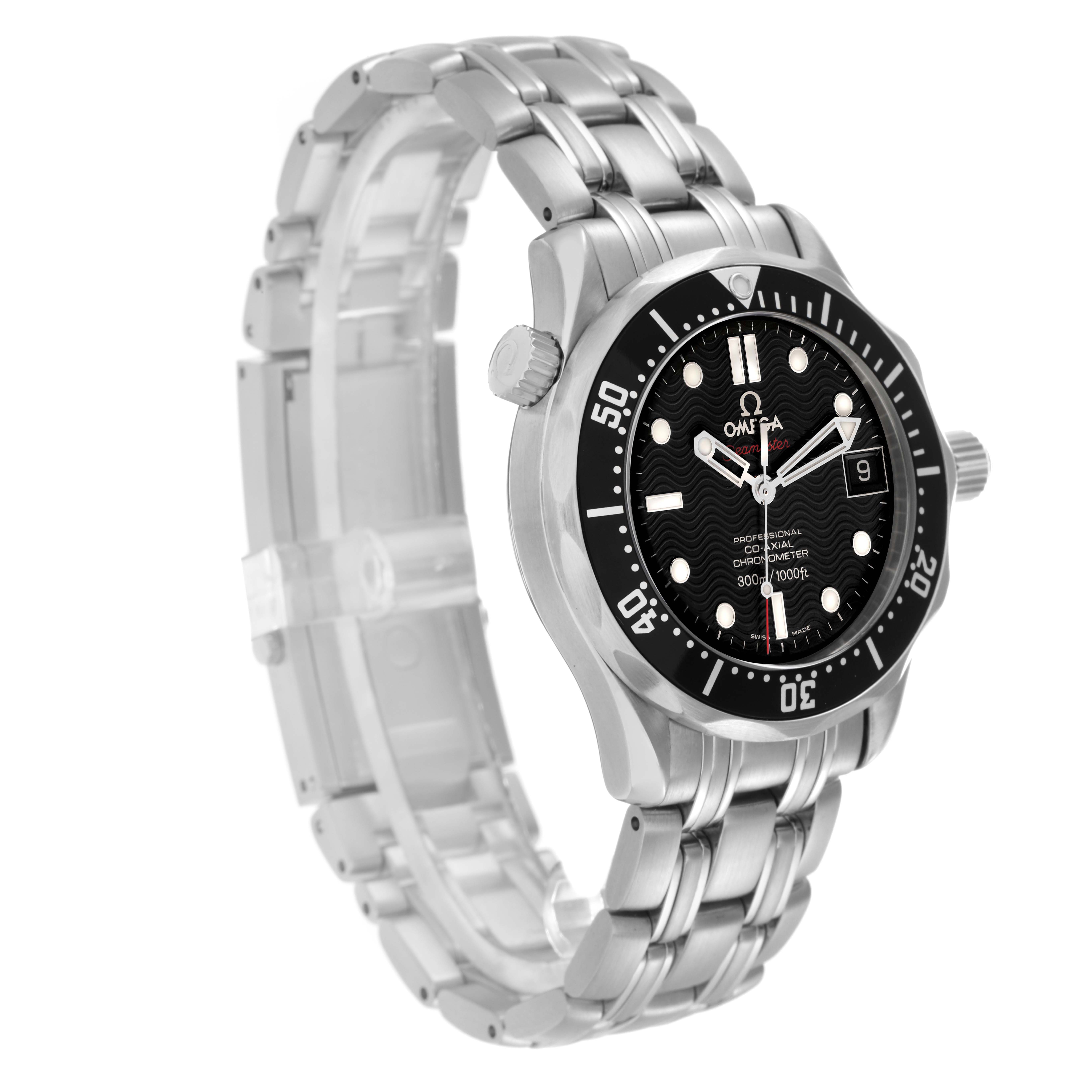The Omega Seamaster 212.30.36.20.01.001 Men
s Stainless Steel Black Dial 212.30.36.20.01.001 Men
s Stainless Steel Black Dial watch is shown at a three-quarter angle, highlighting the face, bezel, crown, and bracelet.