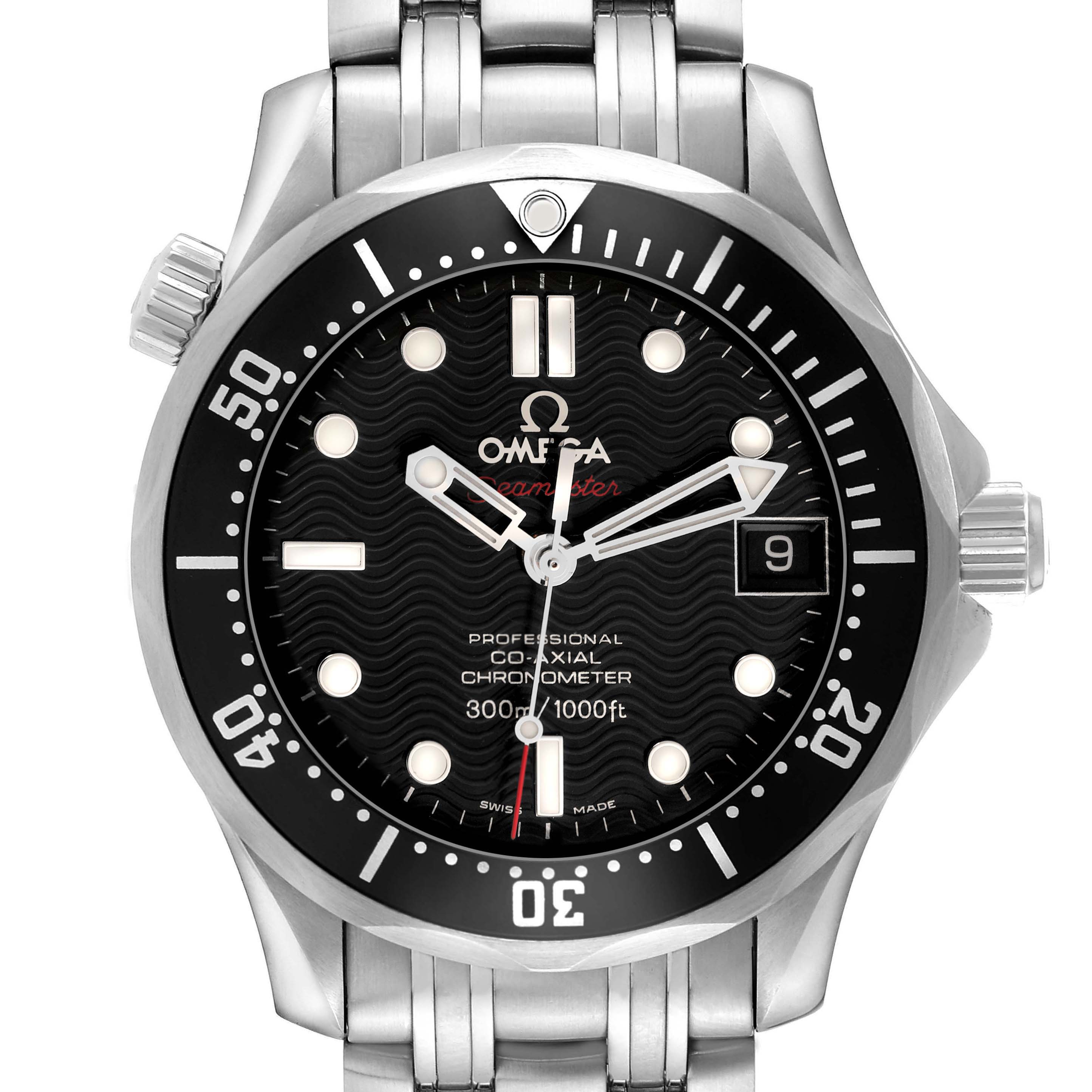 The Omega Seamaster 212.30.36.20.01.001 Men
s Stainless Steel Black Dial 212.30.36.20.01.001 Men
s Stainless Steel Black Dial watch is shown from a front angle, displaying the dial, bezel, crown, and part of the bracelet.