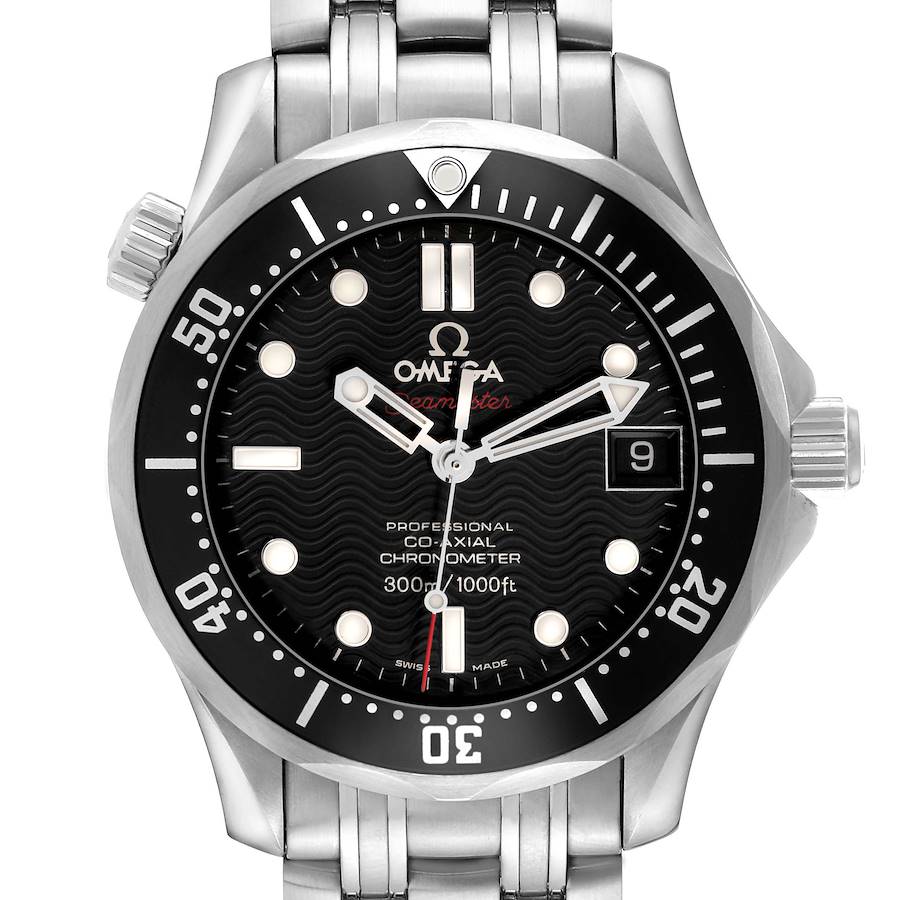 The Omega Seamaster watch is shown from a front angle, displaying the dial, bezel, crown, and part of the bracelet.