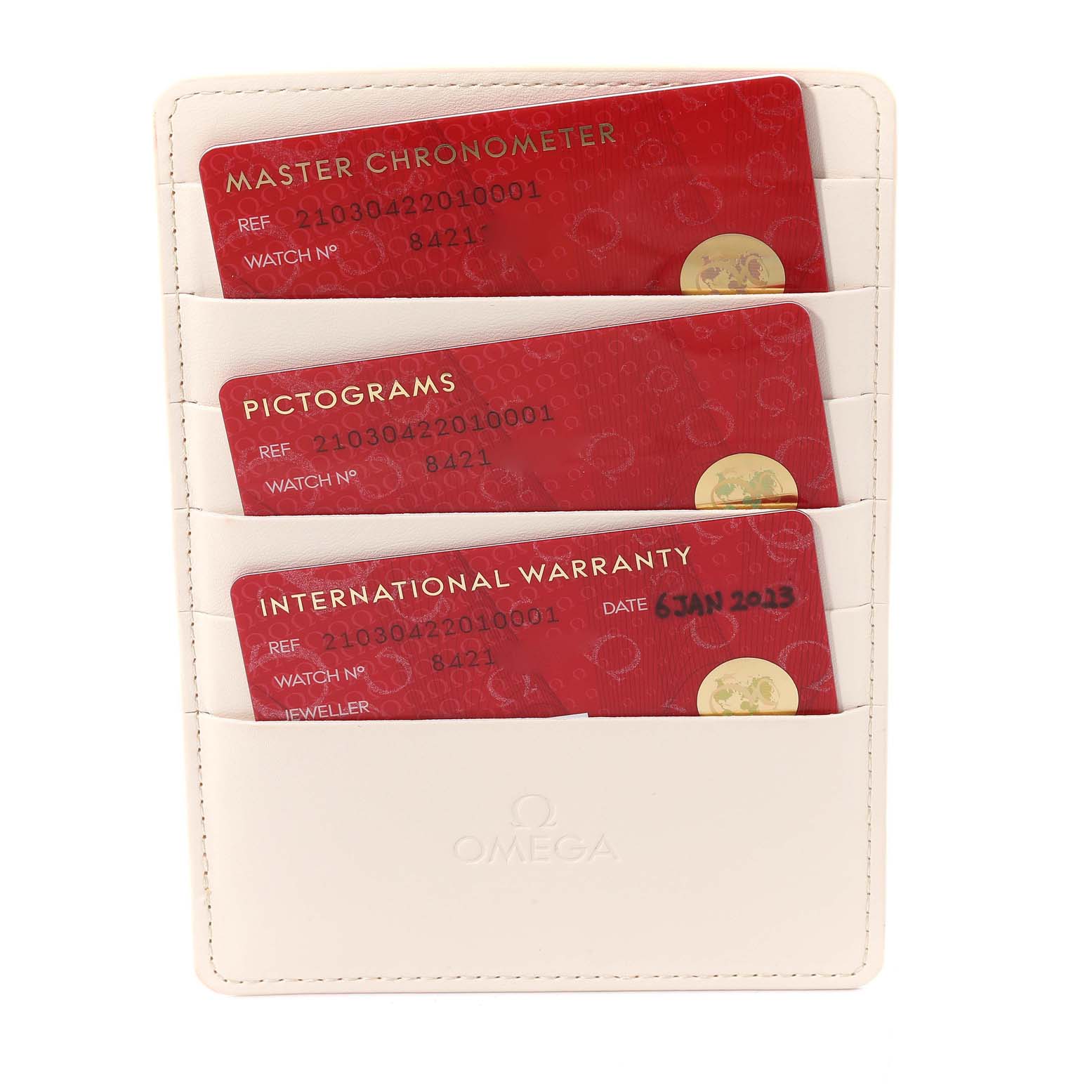 The image shows the certification cards for the Omega Seamaster 210.30.42.20.10.001 Men
s Stainless Steel Green Dial 210.30.42.20.10.001 Men
s Stainless Steel Green Dial watch, including Master Chronometer, Pictograms, and International Warranty cards.