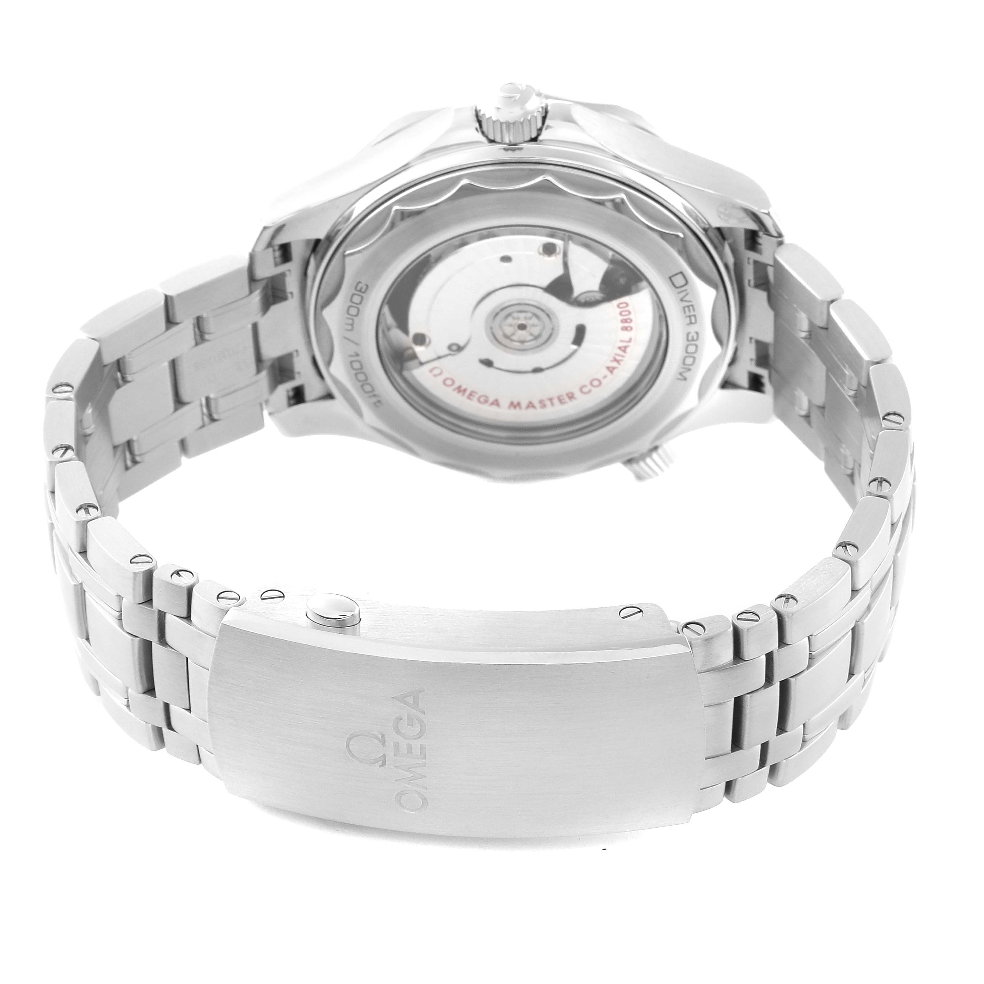 This image shows the back view of the Omega Seamaster 210.30.42.20.10.001 Men
s Stainless Steel Green Dial 210.30.42.20.10.001 Men
s Stainless Steel Green Dial watch, highlighting its open case back and stainless steel bracelet.