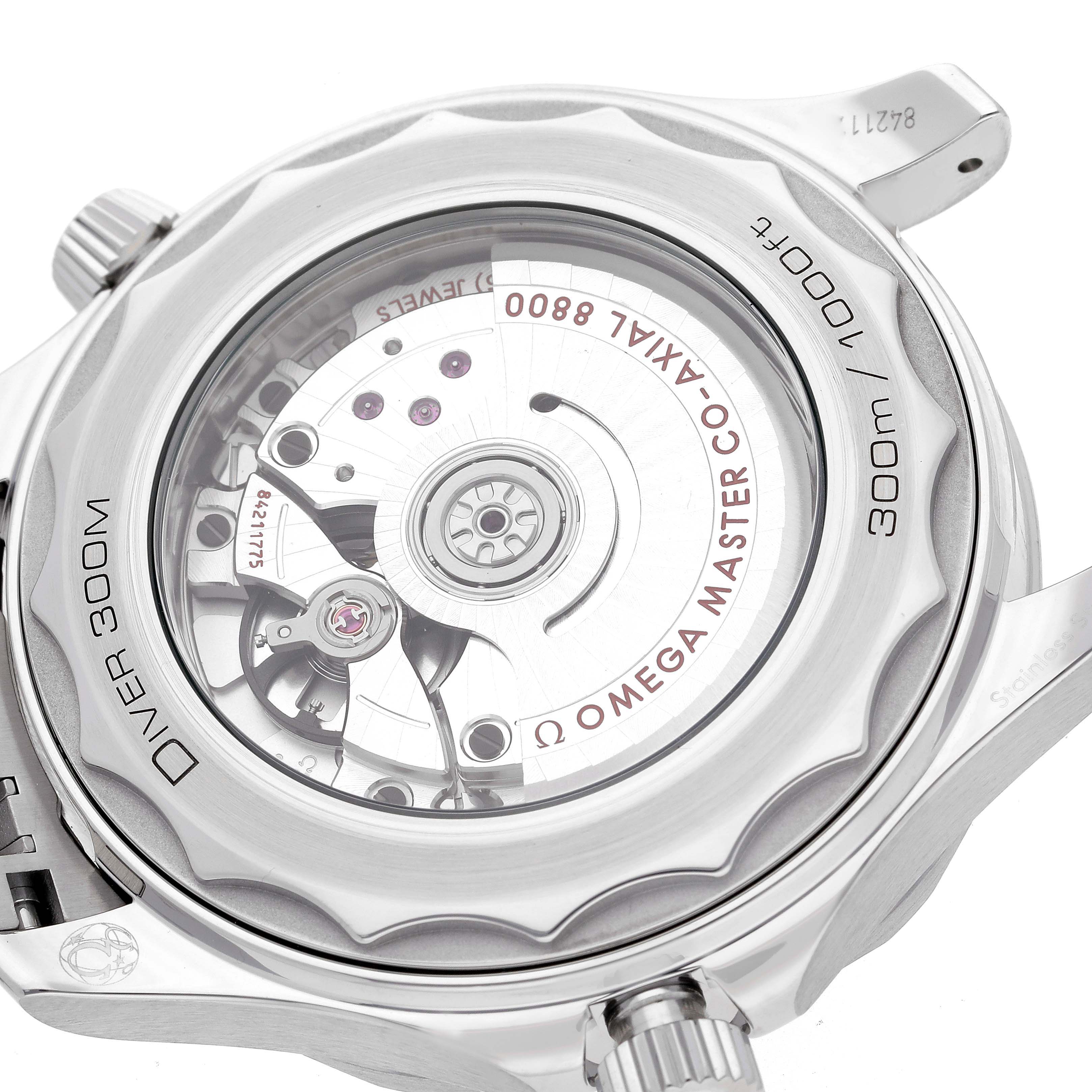 This image shows the back of the Omega Seamaster 210.30.42.20.10.001 Men
s Stainless Steel Green Dial 210.30.42.20.10.001 Men
s Stainless Steel Green Dial watch, highlighting the transparent case back and movement mechanism.