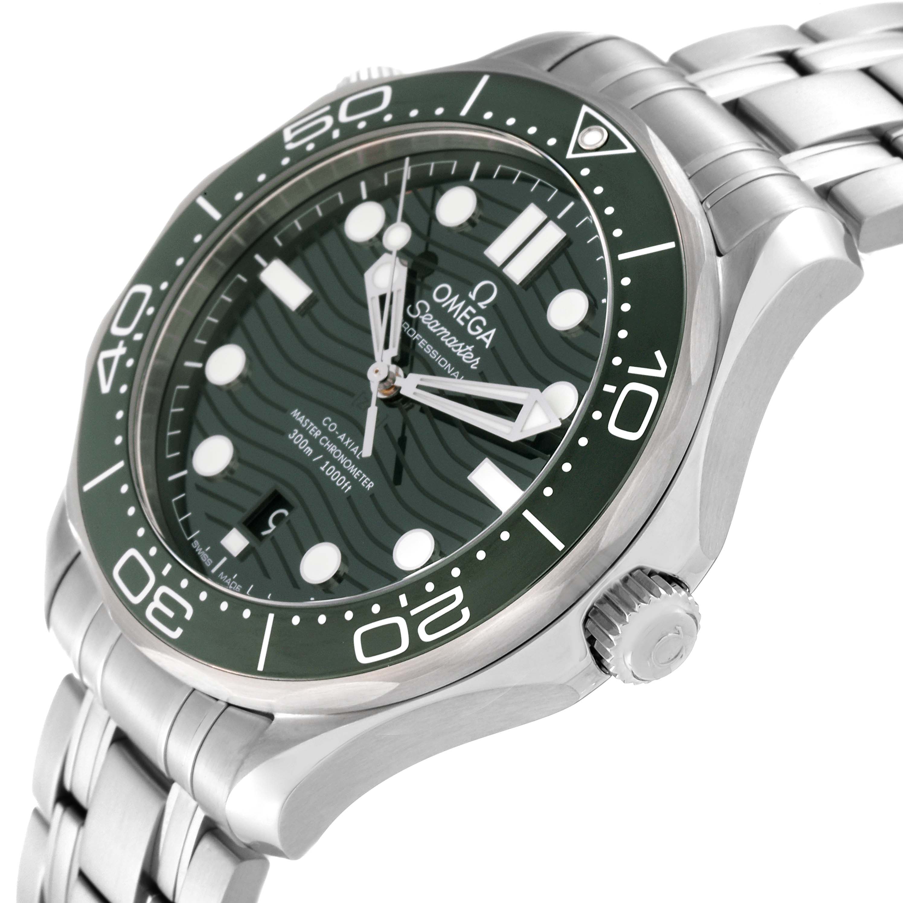 The image shows an angled side view of the Omega Seamaster 210.30.42.20.10.001 Men
s Stainless Steel Green Dial 210.30.42.20.10.001 Men
s Stainless Steel Green Dial watch, highlighting the bezel, crown, dial, and bracelet.