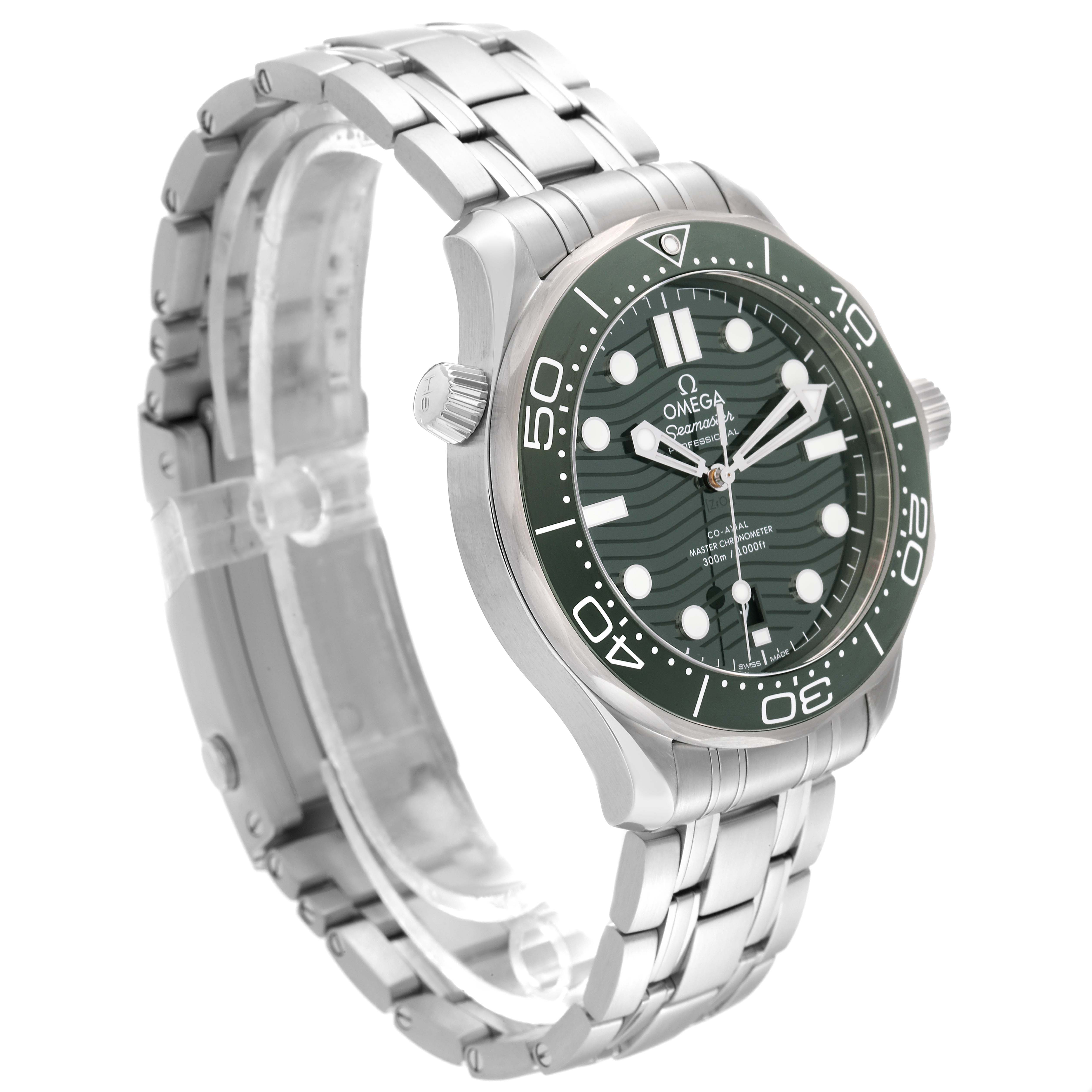 The image shows the front and side angles of an Omega Seamaster 210.30.42.20.10.001 Men
s Stainless Steel Green Dial 210.30.42.20.10.001 Men
s Stainless Steel Green Dial watch, highlighting its dial, bezel, and metal bracelet.