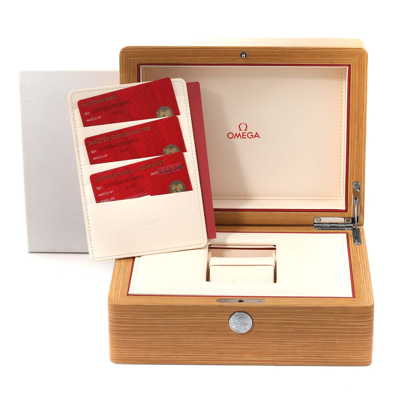 The image shows the wooden box packaging for an Omega Seamaster 210.30.42.20.10.001 Men's Stainless Steel Green Dial 210.30.42.20.10.001 Men's Stainless Steel Green Dial watch, including warranty cards and the internal compartment.
