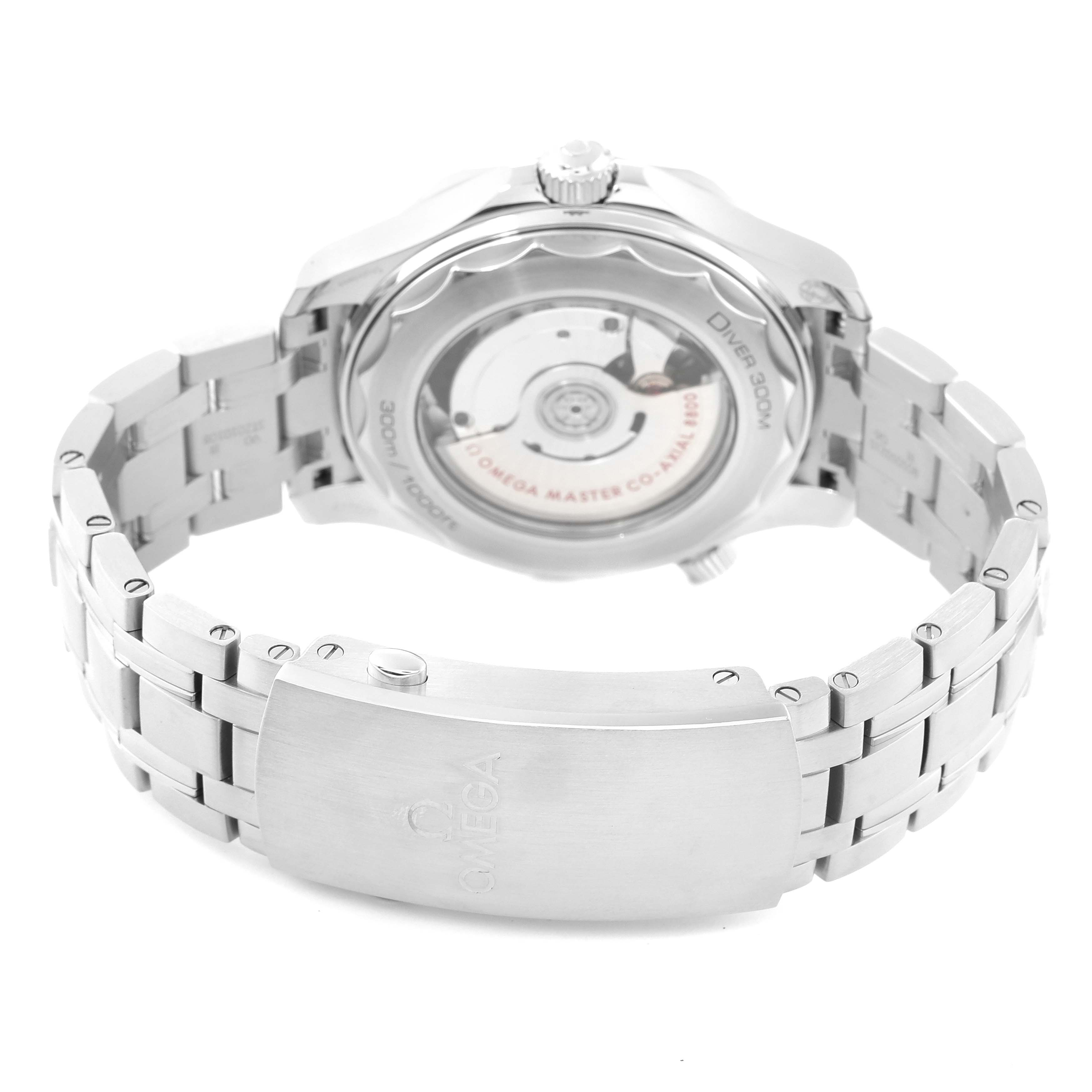 The image shows the back and bracelet of an Omega Seamaster 210.30.42.20.10.001 Men's Stainless Steel Green Dial 210.30.42.20.10.001 Men's Stainless Steel Green Dial watch at an angle displaying the case back and clasp.