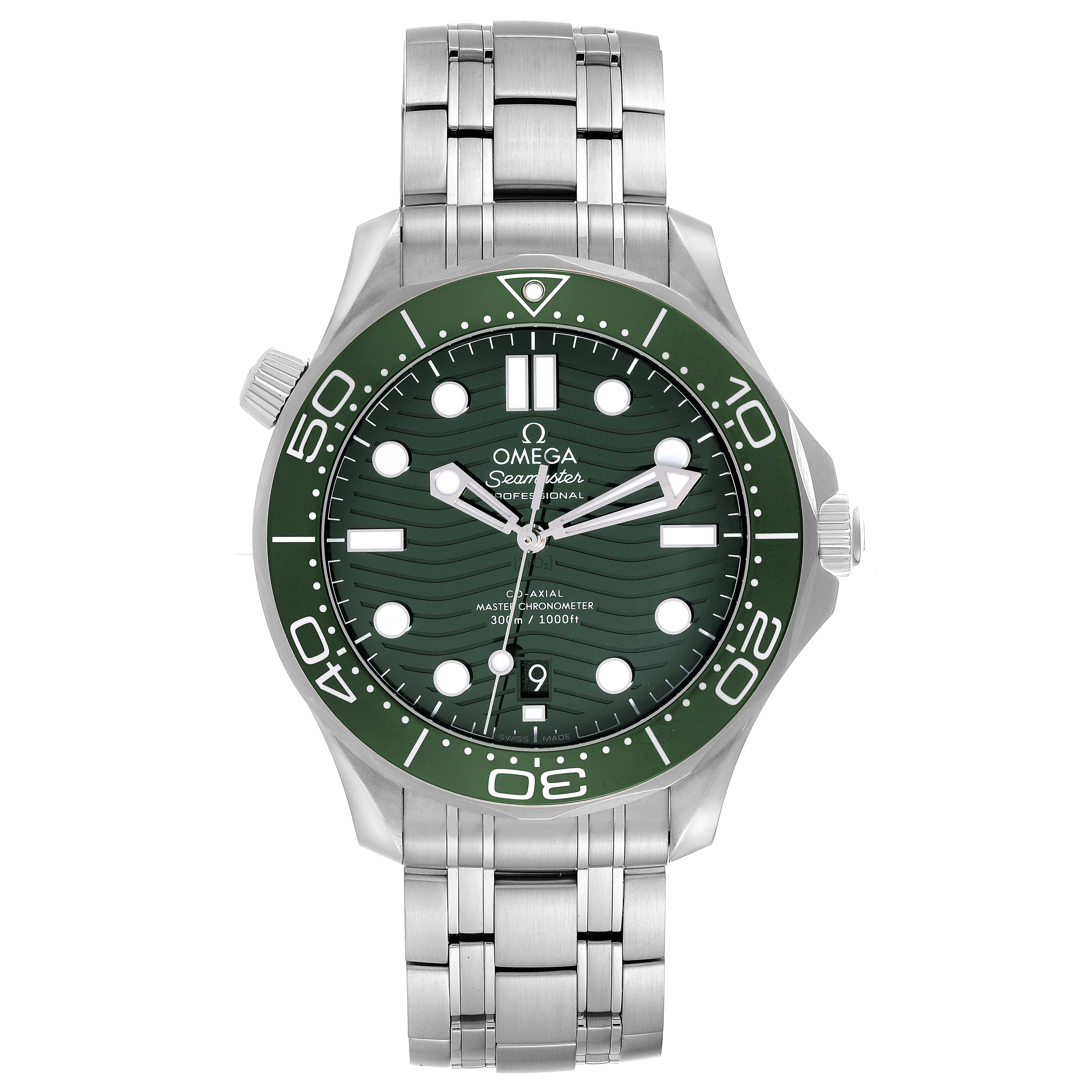 The image shows a front view of the Omega Seamaster 210.30.42.20.10.001 Men's Stainless Steel Green Dial 210.30.42.20.10.001 Men's Stainless Steel Green Dial watch, highlighting its green dial and stainless steel bracelet.